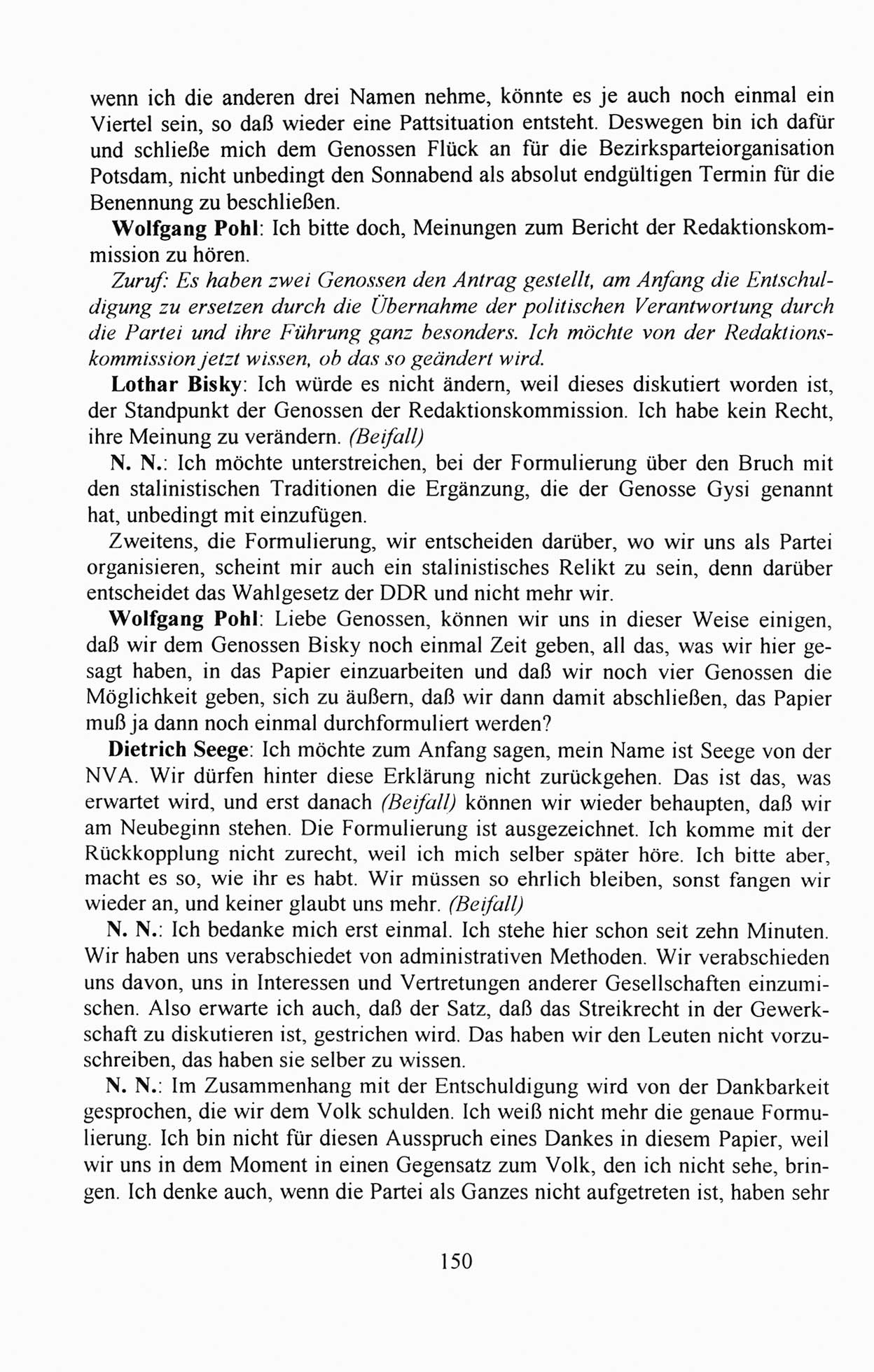 Außerordentlicher Parteitag der SED/PDS (Sozialistische Einheitspartei Deutschlands/Partei des Demokratischen Sozialismus) [Deutsche Demokratische Republik (DDR)], Protokoll der Beratungen am 8./9. und 16./17.12.1989 in Berlin 1989, Seite 150 (PT. SED/PDS DDR Prot. 1989, S. 150)