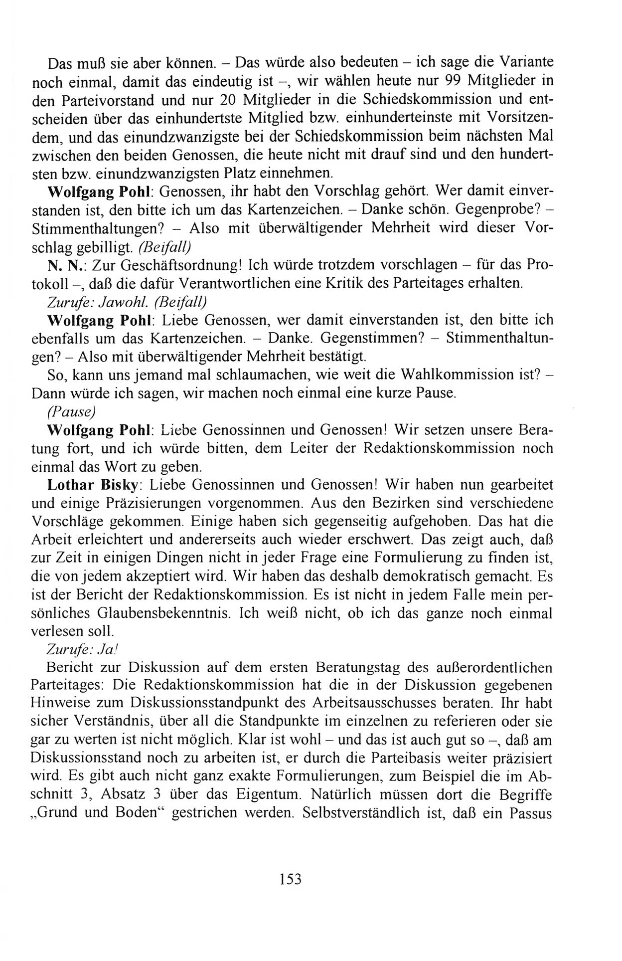 AuÃŸerordentlicher Parteitag der SED/PDS (Sozialistische Einheitspartei Deutschlands/Partei des Demokratischen Sozialismus) [Deutsche Demokratische Republik (DDR)], Protokoll der Beratungen am 8./9. und 16./17.12.1989 in Berlin 1989, Seite 153 (PT. SED/PDS DDR Prot. 1989, S. 153)