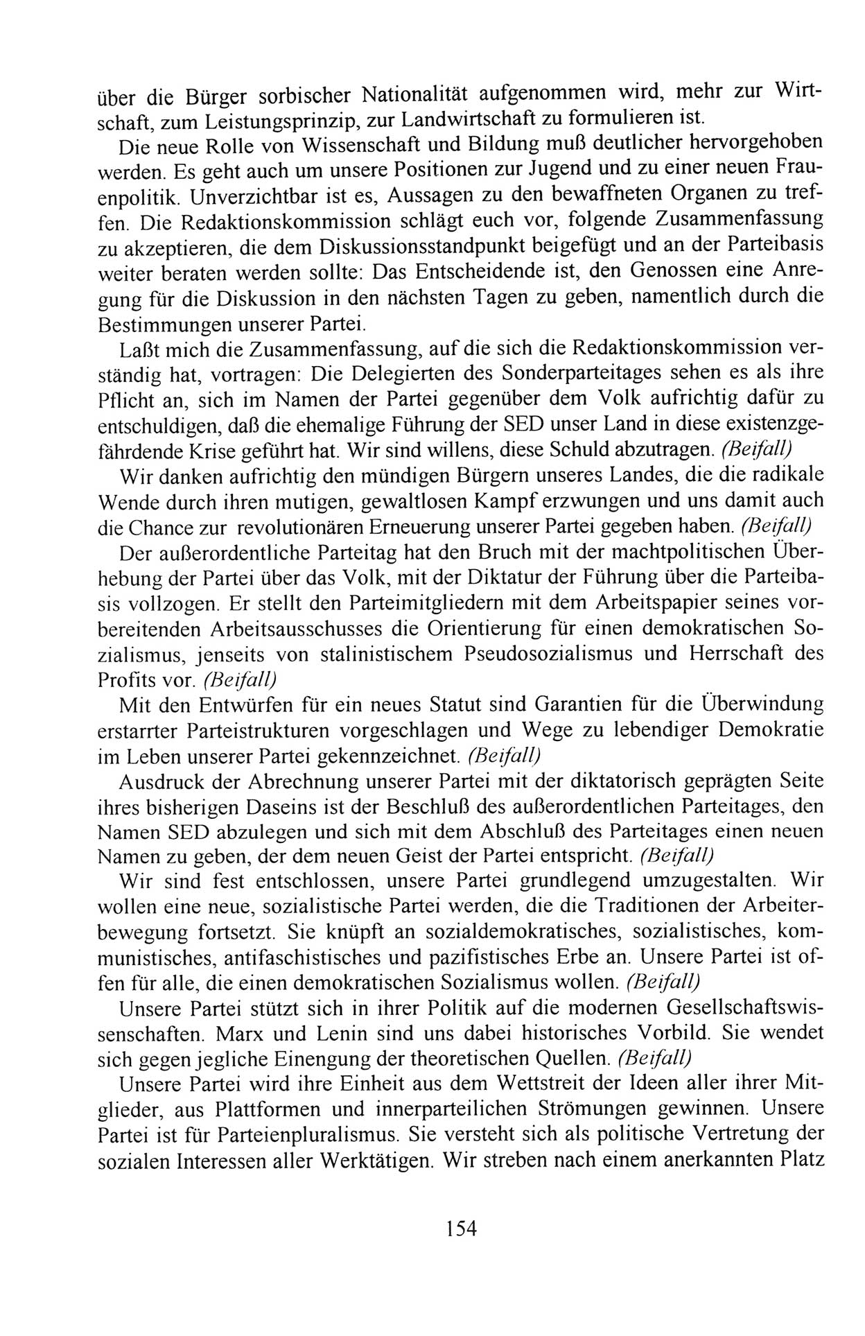AuÃŸerordentlicher Parteitag der SED/PDS (Sozialistische Einheitspartei Deutschlands/Partei des Demokratischen Sozialismus) [Deutsche Demokratische Republik (DDR)], Protokoll der Beratungen am 8./9. und 16./17.12.1989 in Berlin 1989, Seite 154 (PT. SED/PDS DDR Prot. 1989, S. 154)