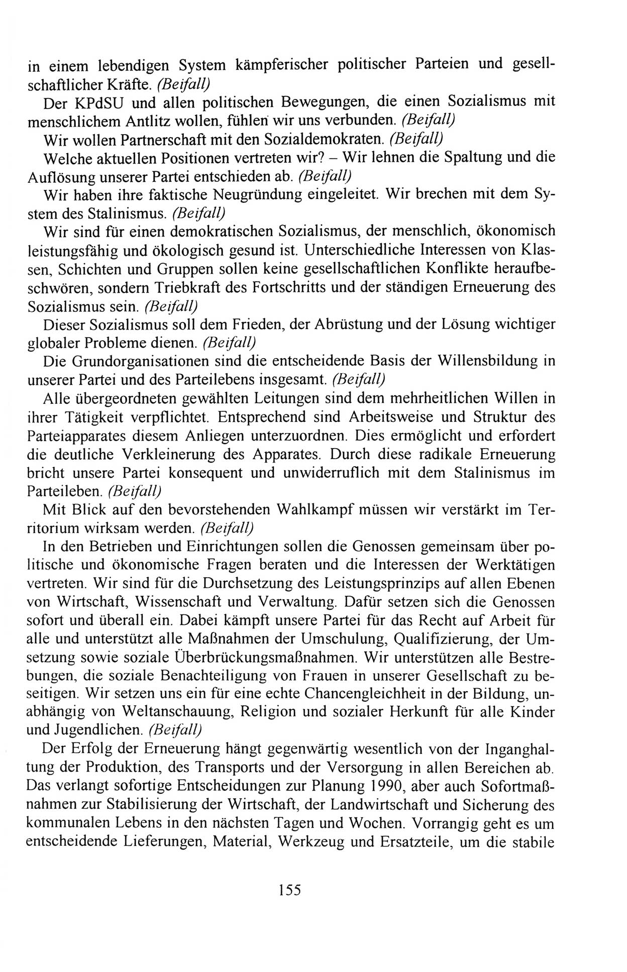 Außerordentlicher Parteitag der SED/PDS (Sozialistische Einheitspartei Deutschlands/Partei des Demokratischen Sozialismus) [Deutsche Demokratische Republik (DDR)], Protokoll der Beratungen am 8./9. und 16./17.12.1989 in Berlin 1989, Seite 155 (PT. SED/PDS DDR Prot. 1989, S. 155)