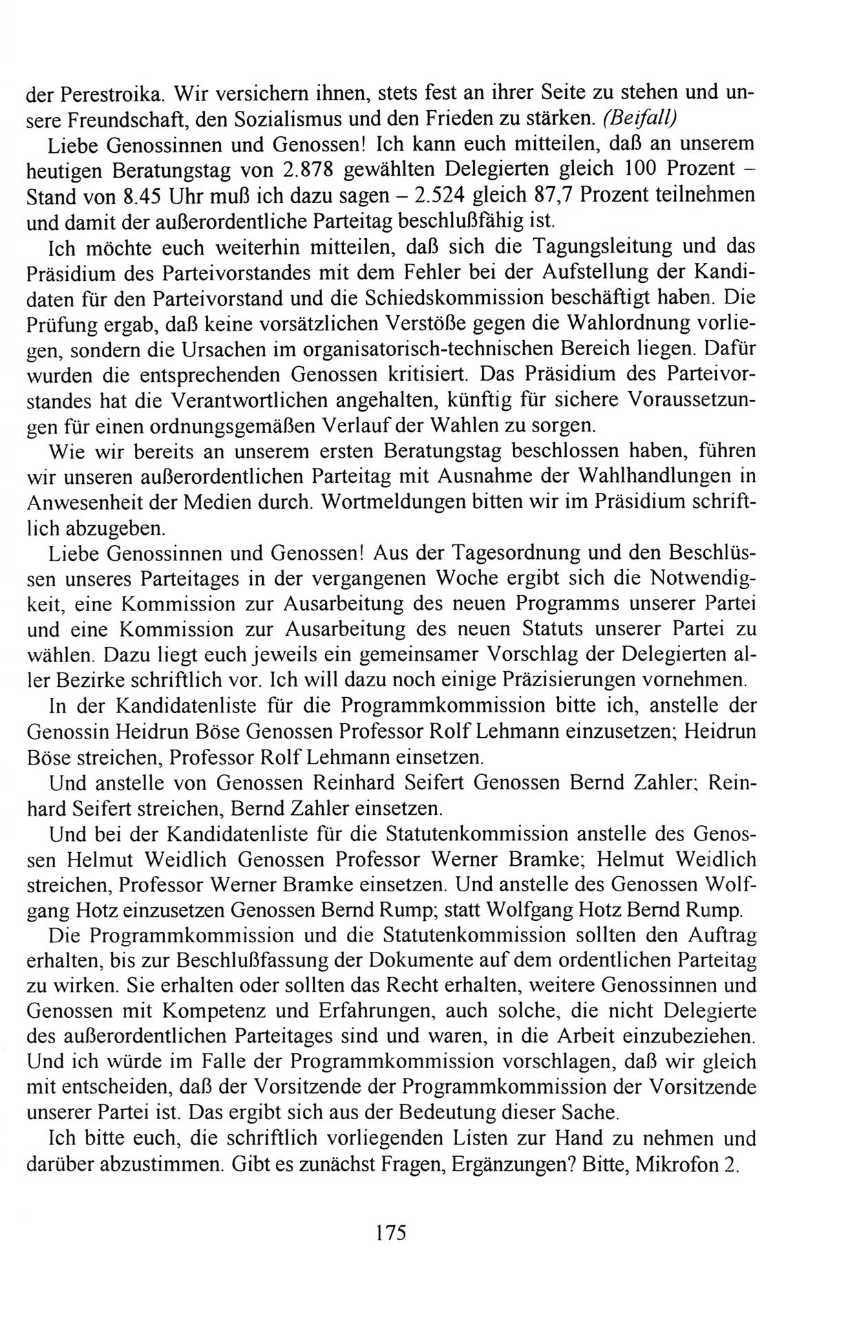 Außerordentlicher Parteitag der SED/PDS (Sozialistische Einheitspartei Deutschlands/Partei des Demokratischen Sozialismus) [Deutsche Demokratische Republik (DDR)], Protokoll der Beratungen am 8./9. und 16./17.12.1989 in Berlin 1989, Seite 175 (PT. SED/PDS DDR Prot. 1989, S. 175)