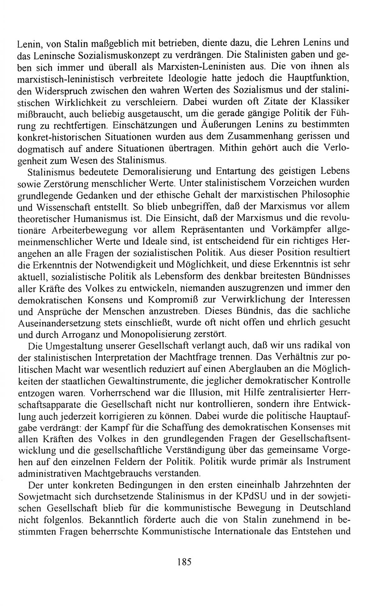 Außerordentlicher Parteitag der SED/PDS (Sozialistische Einheitspartei Deutschlands/Partei des Demokratischen Sozialismus) [Deutsche Demokratische Republik (DDR)], Protokoll der Beratungen am 8./9. und 16./17.12.1989 in Berlin 1989, Seite 185 (PT. SED/PDS DDR Prot. 1989, S. 185)