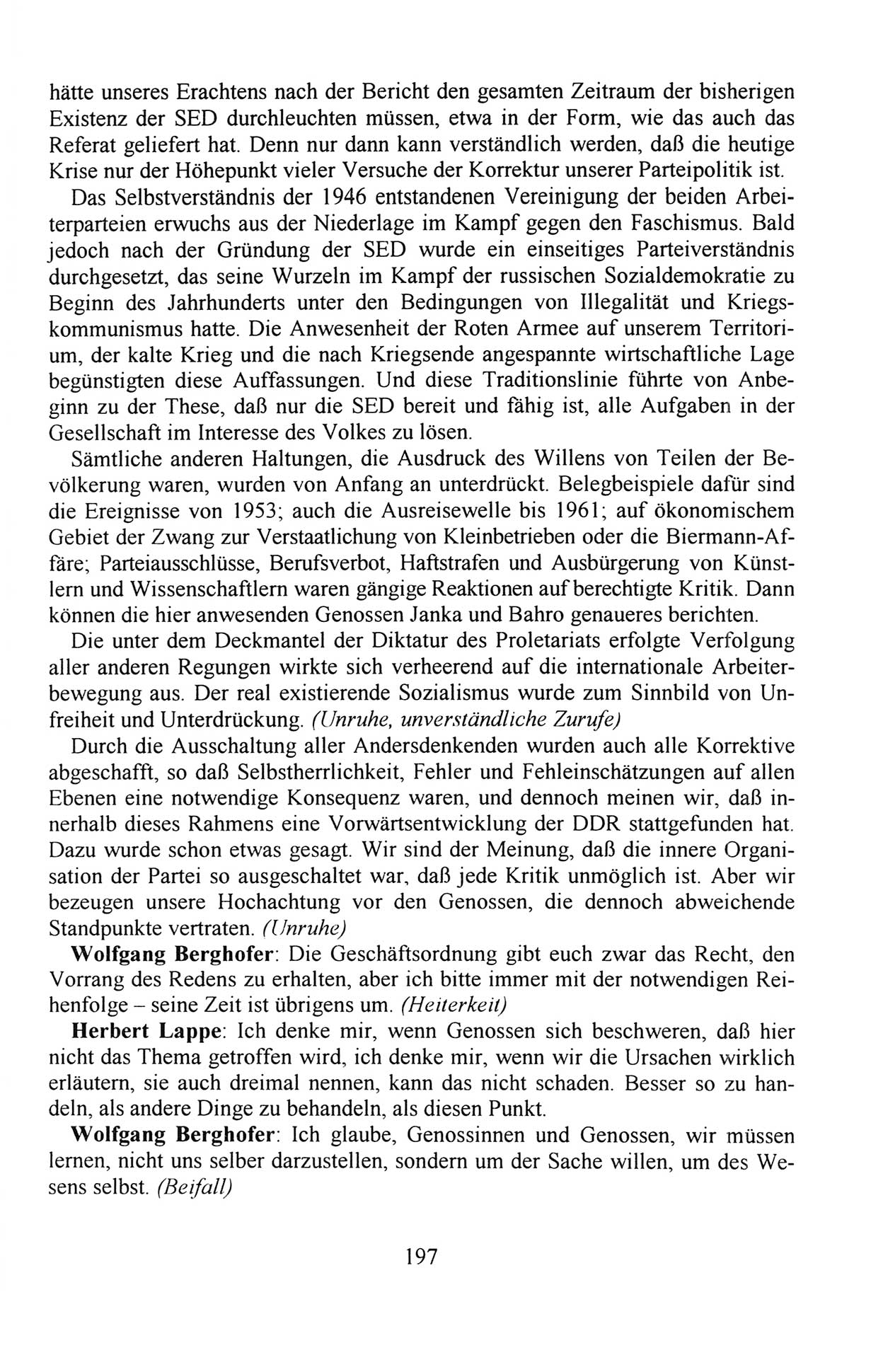 AuÃŸerordentlicher Parteitag der SED/PDS (Sozialistische Einheitspartei Deutschlands/Partei des Demokratischen Sozialismus) [Deutsche Demokratische Republik (DDR)], Protokoll der Beratungen am 8./9. und 16./17.12.1989 in Berlin 1989, Seite 197 (PT. SED/PDS DDR Prot. 1989, S. 197)