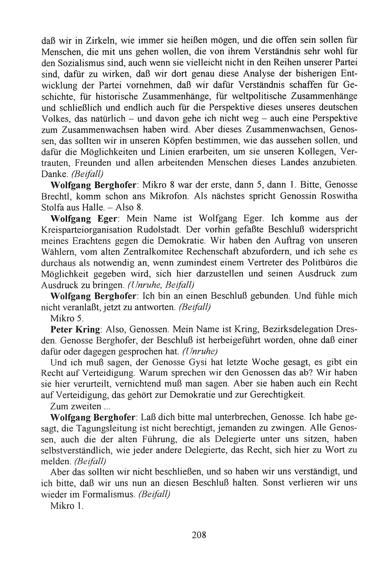 Außerordentlicher Parteitag der SED/PDS (Sozialistische Einheitspartei Deutschlands/Partei des Demokratischen Sozialismus) [Deutsche Demokratische Republik (DDR)], Protokoll der Beratungen am 8./9. und 16./17.12.1989 in Berlin 1989, Seite 208 (PT. SED/PDS DDR Prot. 1989, S. 208)