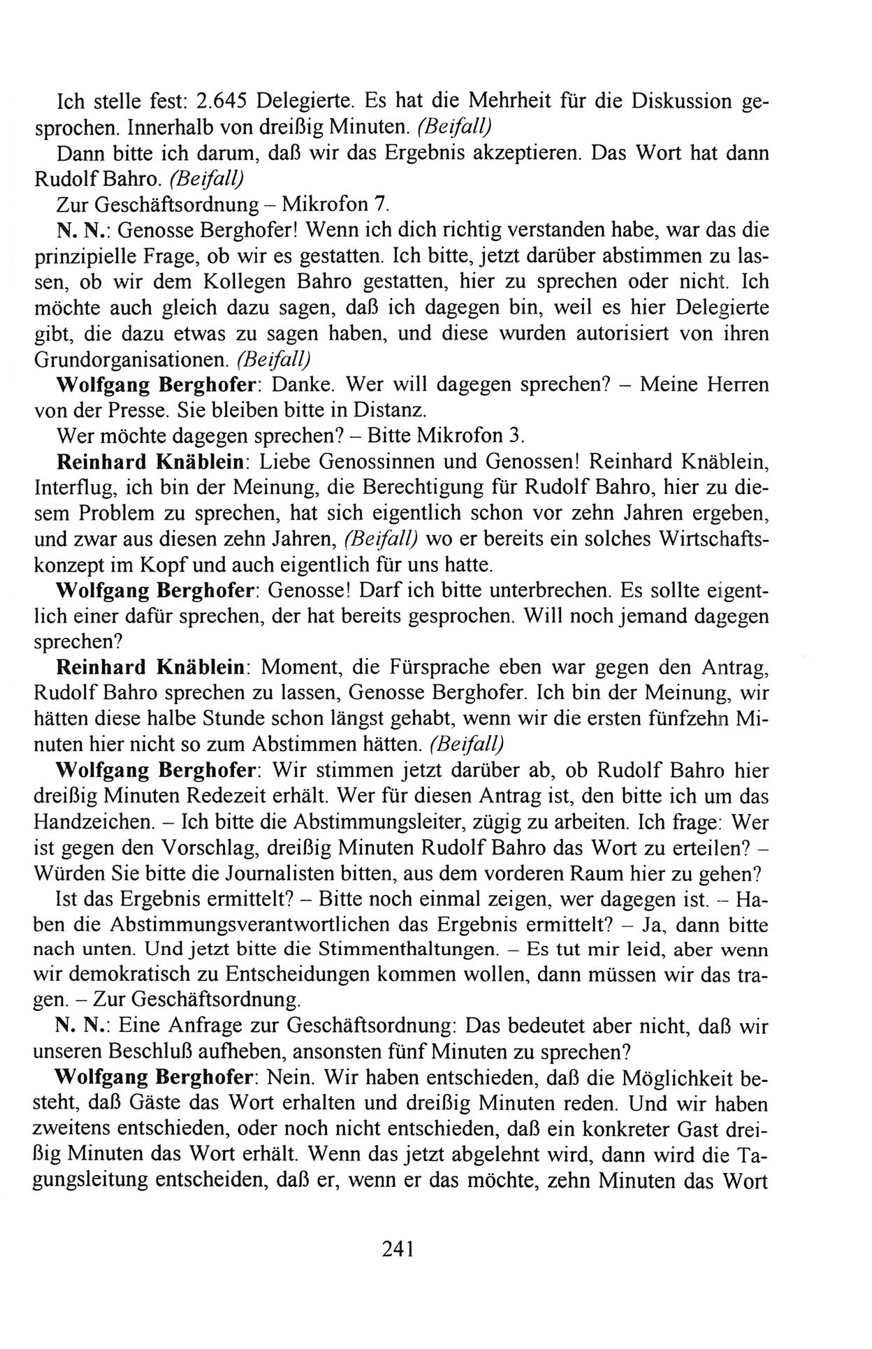 Außerordentlicher Parteitag der SED/PDS (Sozialistische Einheitspartei Deutschlands/Partei des Demokratischen Sozialismus) [Deutsche Demokratische Republik (DDR)], Protokoll der Beratungen am 8./9. und 16./17.12.1989 in Berlin 1989, Seite 241 (PT. SED/PDS DDR Prot. 1989, S. 241)