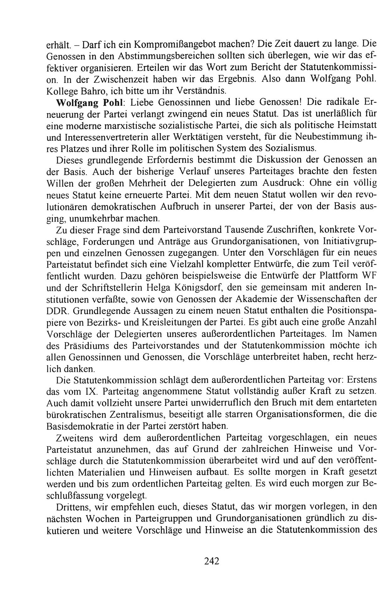 Außerordentlicher Parteitag der SED/PDS (Sozialistische Einheitspartei Deutschlands/Partei des Demokratischen Sozialismus) [Deutsche Demokratische Republik (DDR)], Protokoll der Beratungen am 8./9. und 16./17.12.1989 in Berlin 1989, Seite 242 (PT. SED/PDS DDR Prot. 1989, S. 242)