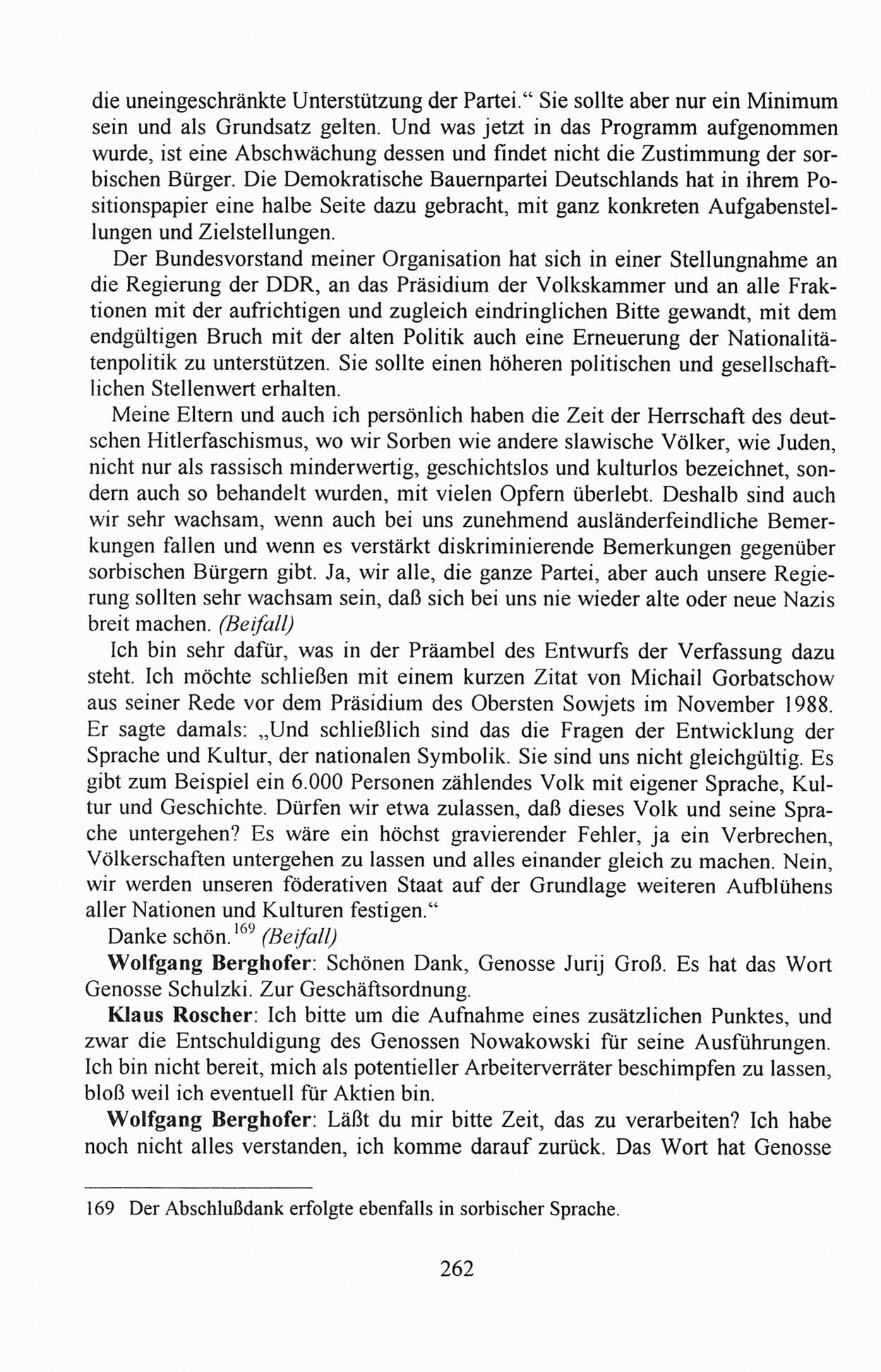 AuÃŸerordentlicher Parteitag der SED/PDS (Sozialistische Einheitspartei Deutschlands/Partei des Demokratischen Sozialismus) [Deutsche Demokratische Republik (DDR)], Protokoll der Beratungen am 8./9. und 16./17.12.1989 in Berlin 1989, Seite 262 (PT. SED/PDS DDR Prot. 1989, S. 262)