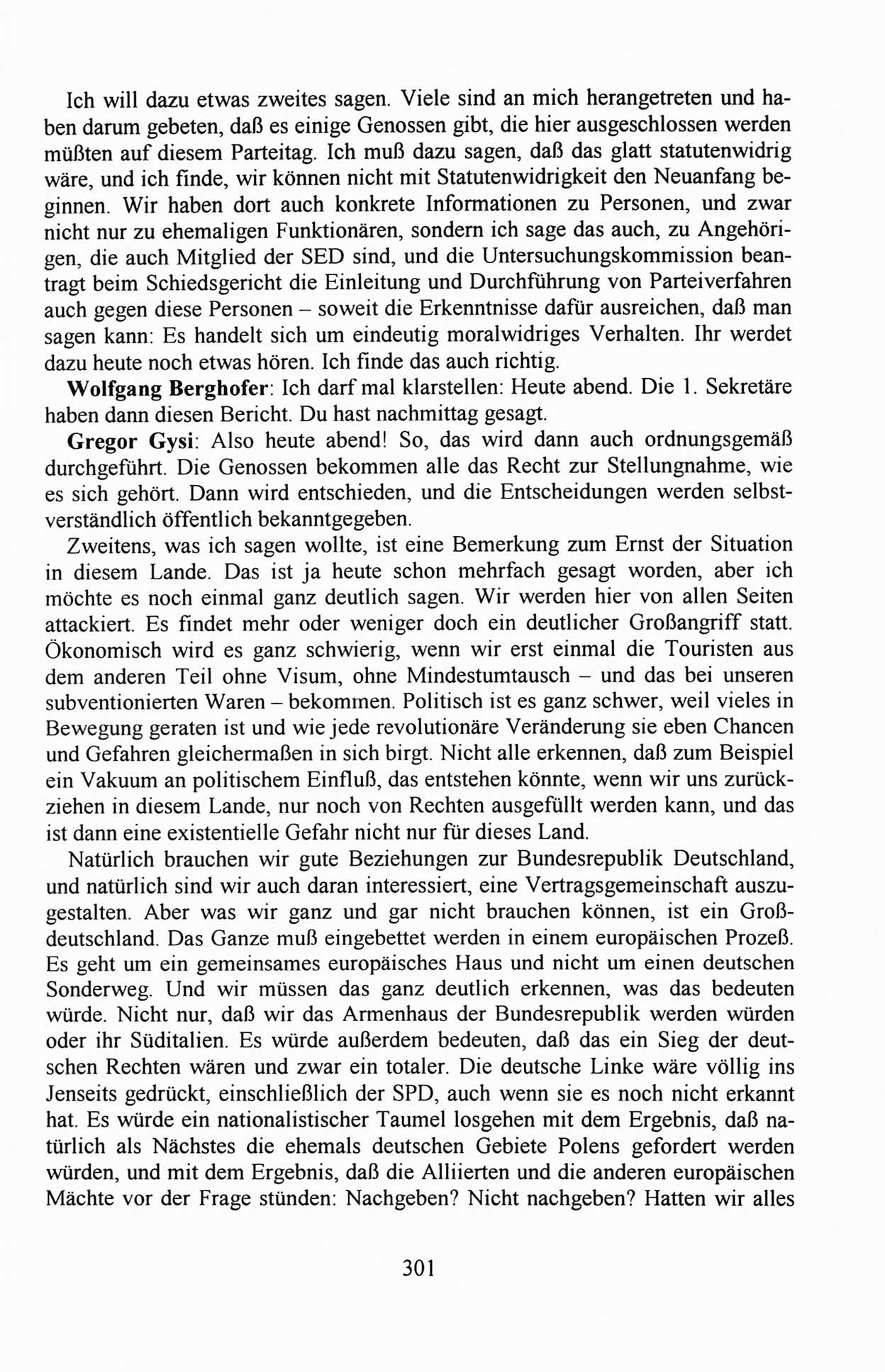 Außerordentlicher Parteitag der SED/PDS (Sozialistische Einheitspartei Deutschlands/Partei des Demokratischen Sozialismus) [Deutsche Demokratische Republik (DDR)], Protokoll der Beratungen am 8./9. und 16./17.12.1989 in Berlin 1989, Seite 301 (PT. SED/PDS DDR Prot. 1989, S. 301)