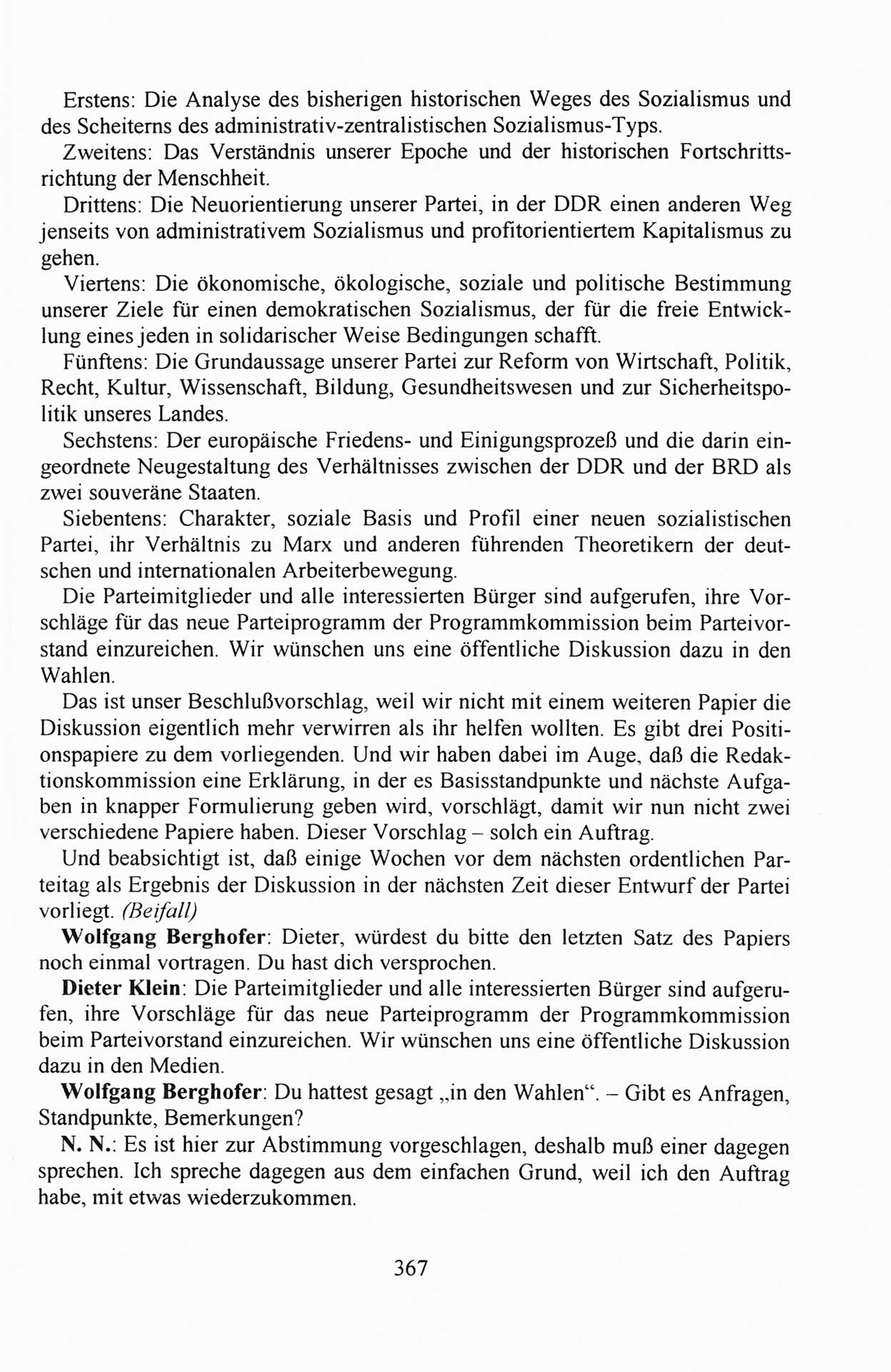 Außerordentlicher Parteitag der SED/PDS (Sozialistische Einheitspartei Deutschlands/Partei des Demokratischen Sozialismus) [Deutsche Demokratische Republik (DDR)], Protokoll der Beratungen am 8./9. und 16./17.12.1989 in Berlin 1989, Seite 367 (PT. SED/PDS DDR Prot. 1989, S. 367)