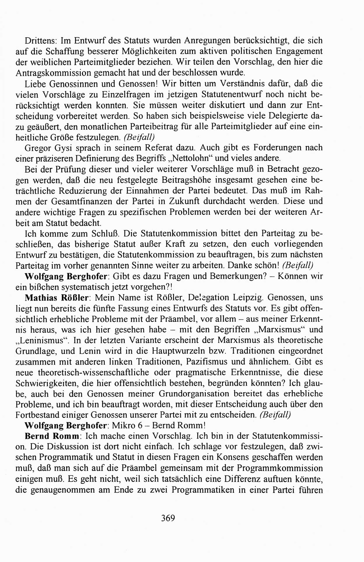 AuÃŸerordentlicher Parteitag der SED/PDS (Sozialistische Einheitspartei Deutschlands/Partei des Demokratischen Sozialismus) [Deutsche Demokratische Republik (DDR)], Protokoll der Beratungen am 8./9. und 16./17.12.1989 in Berlin 1989, Seite 369 (PT. SED/PDS DDR Prot. 1989, S. 369)