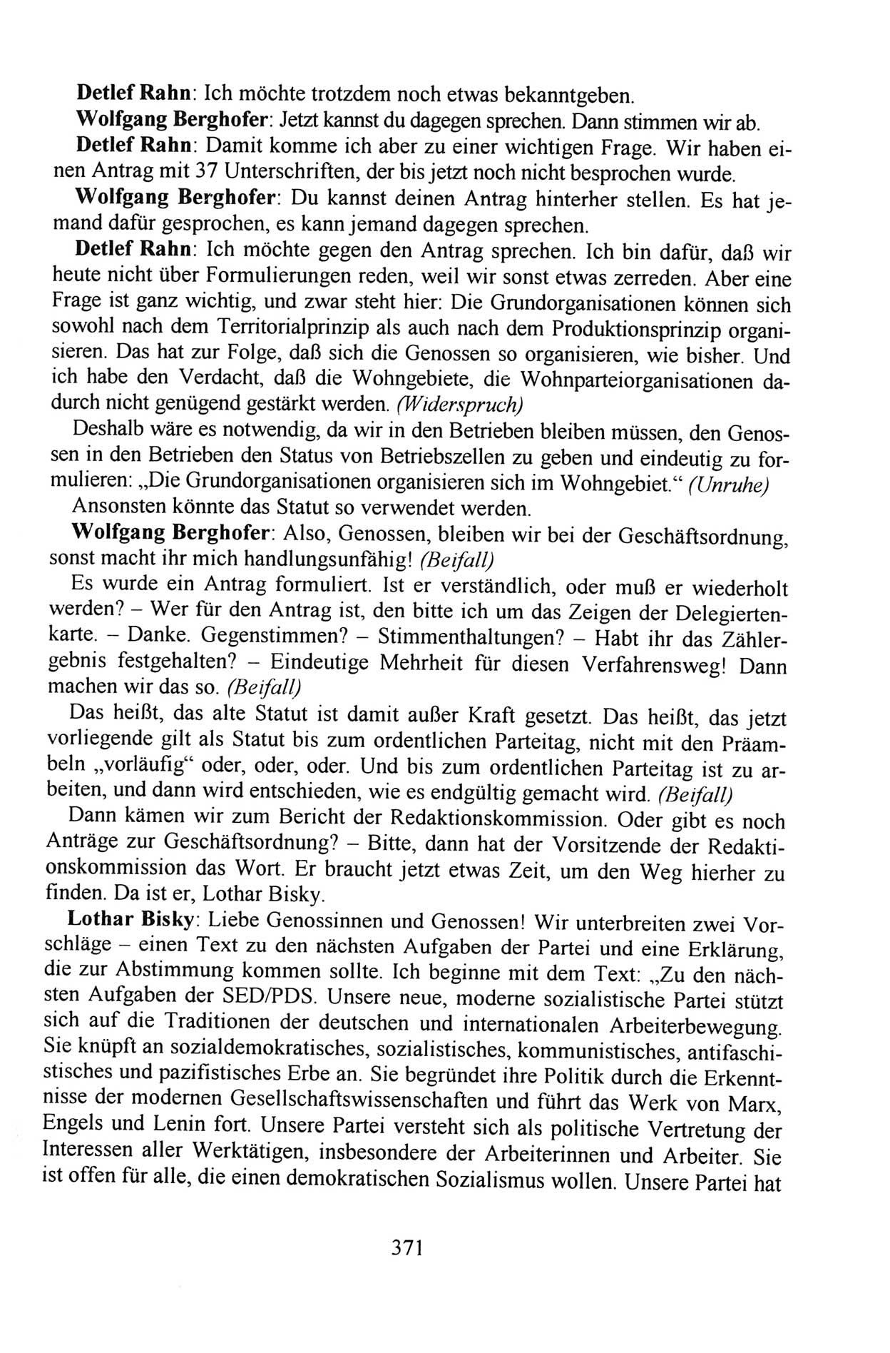 Außerordentlicher Parteitag der SED/PDS (Sozialistische Einheitspartei Deutschlands/Partei des Demokratischen Sozialismus) [Deutsche Demokratische Republik (DDR)], Protokoll der Beratungen am 8./9. und 16./17.12.1989 in Berlin 1989, Seite 371 (PT. SED/PDS DDR Prot. 1989, S. 371)