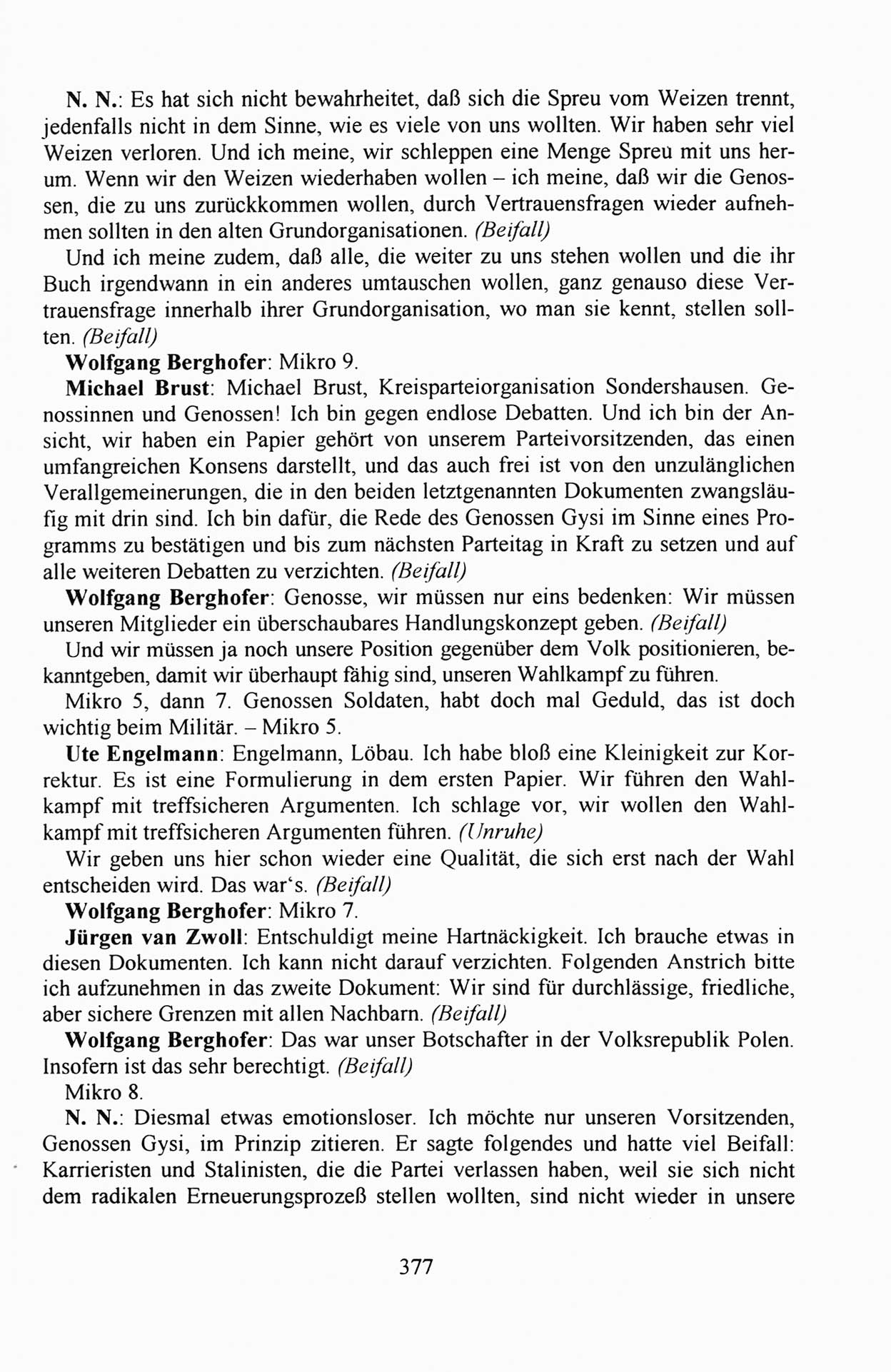 AuÃŸerordentlicher Parteitag der SED/PDS (Sozialistische Einheitspartei Deutschlands/Partei des Demokratischen Sozialismus) [Deutsche Demokratische Republik (DDR)], Protokoll der Beratungen am 8./9. und 16./17.12.1989 in Berlin 1989, Seite 377 (PT. SED/PDS DDR Prot. 1989, S. 377)