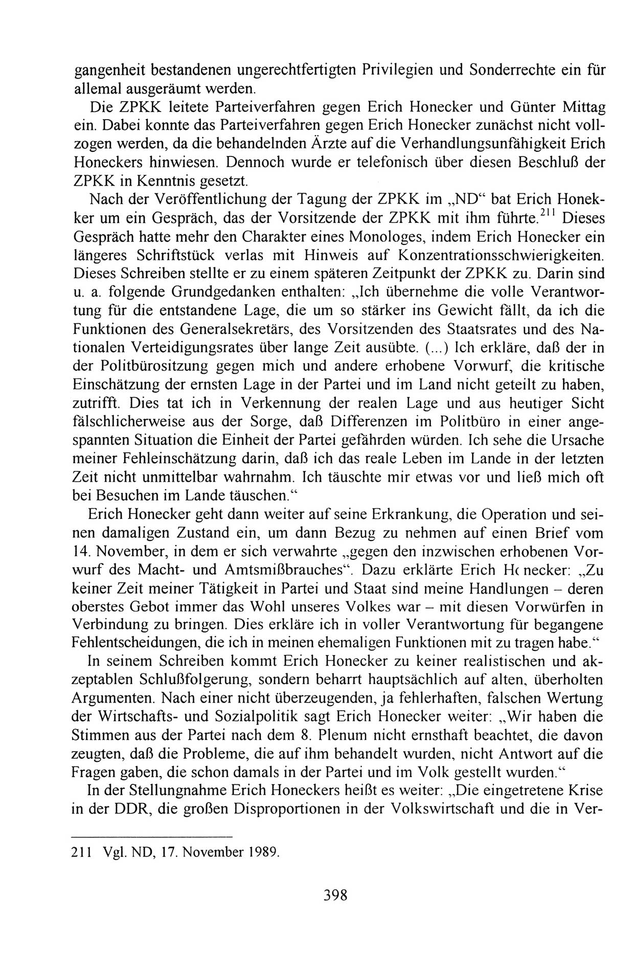 AuÃŸerordentlicher Parteitag der SED/PDS (Sozialistische Einheitspartei Deutschlands/Partei des Demokratischen Sozialismus) [Deutsche Demokratische Republik (DDR)], Protokoll der Beratungen am 8./9. und 16./17.12.1989 in Berlin 1989, Seite 398 (PT. SED/PDS DDR Prot. 1989, S. 398)