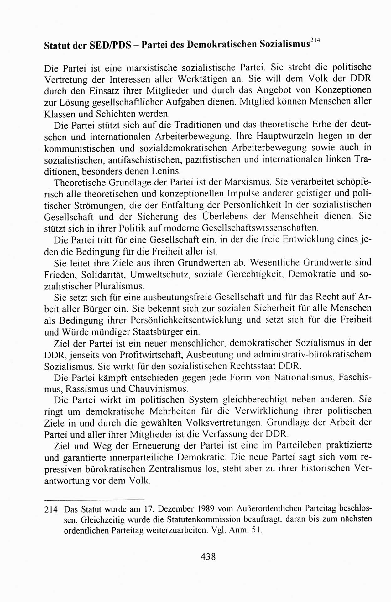 Außerordentlicher Parteitag der SED/PDS (Sozialistische Einheitspartei Deutschlands/Partei des Demokratischen Sozialismus) [Deutsche Demokratische Republik (DDR)], Protokoll der Beratungen am 8./9. und 16./17.12.1989 in Berlin 1989, Seite 438 (PT. SED/PDS DDR Prot. 1989, S. 438)