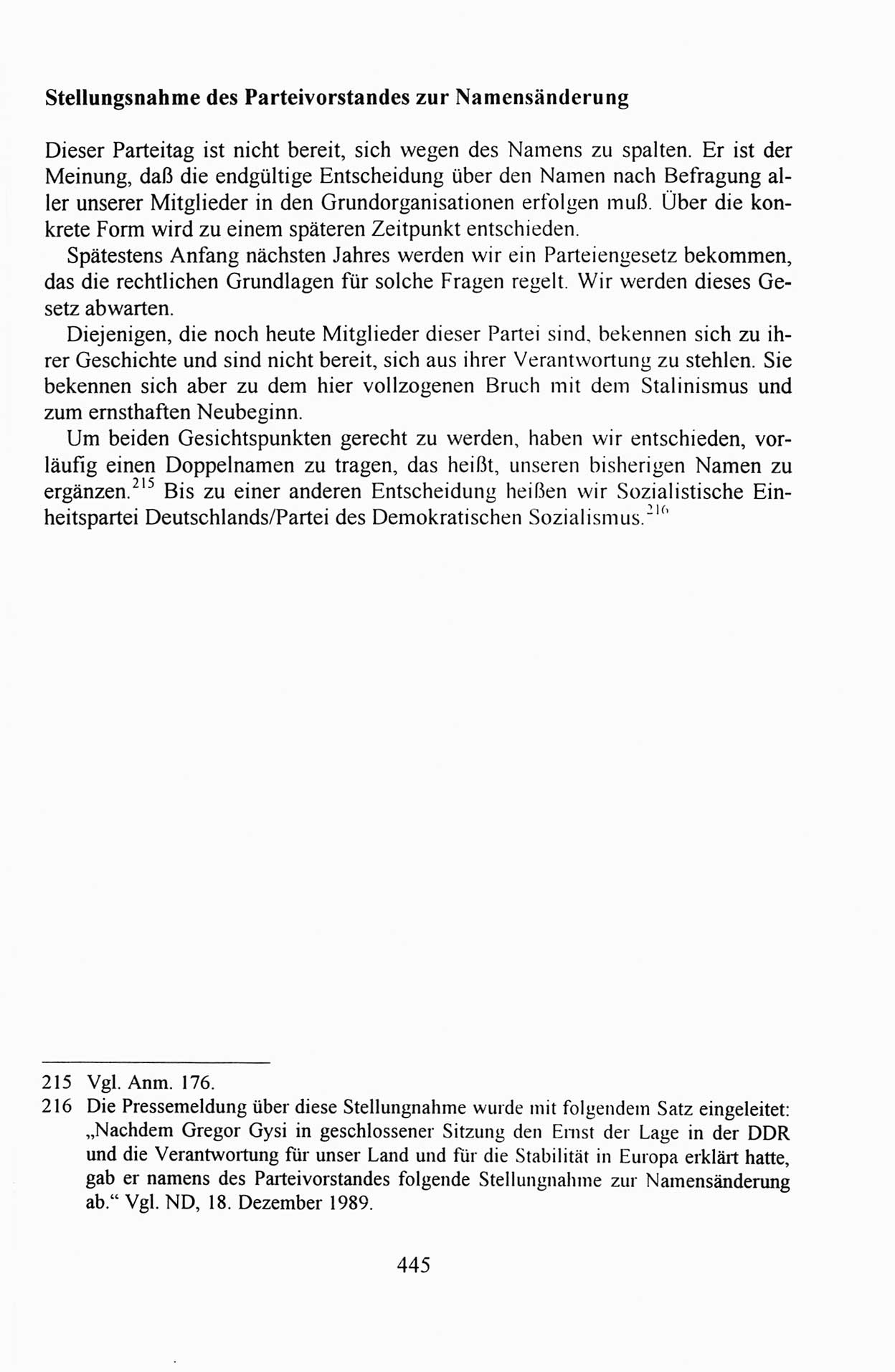 Außerordentlicher Parteitag der SED/PDS (Sozialistische Einheitspartei Deutschlands/Partei des Demokratischen Sozialismus) [Deutsche Demokratische Republik (DDR)], Protokoll der Beratungen am 8./9. und 16./17.12.1989 in Berlin 1989, Seite 445 (PT. SED/PDS DDR Prot. 1989, S. 445)