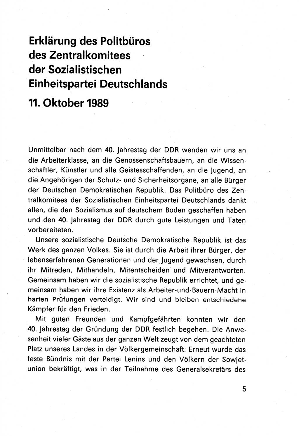 Erklärung des Politbüros des ZK (Zentralkomitee) der SED (Sozialistische Einheitspartei Deutschlands) [Deutsche Demokratische Republik (DDR)] 1989, Seite 5 (Erkl. PB ZK SED DDR 1989, S. 5)