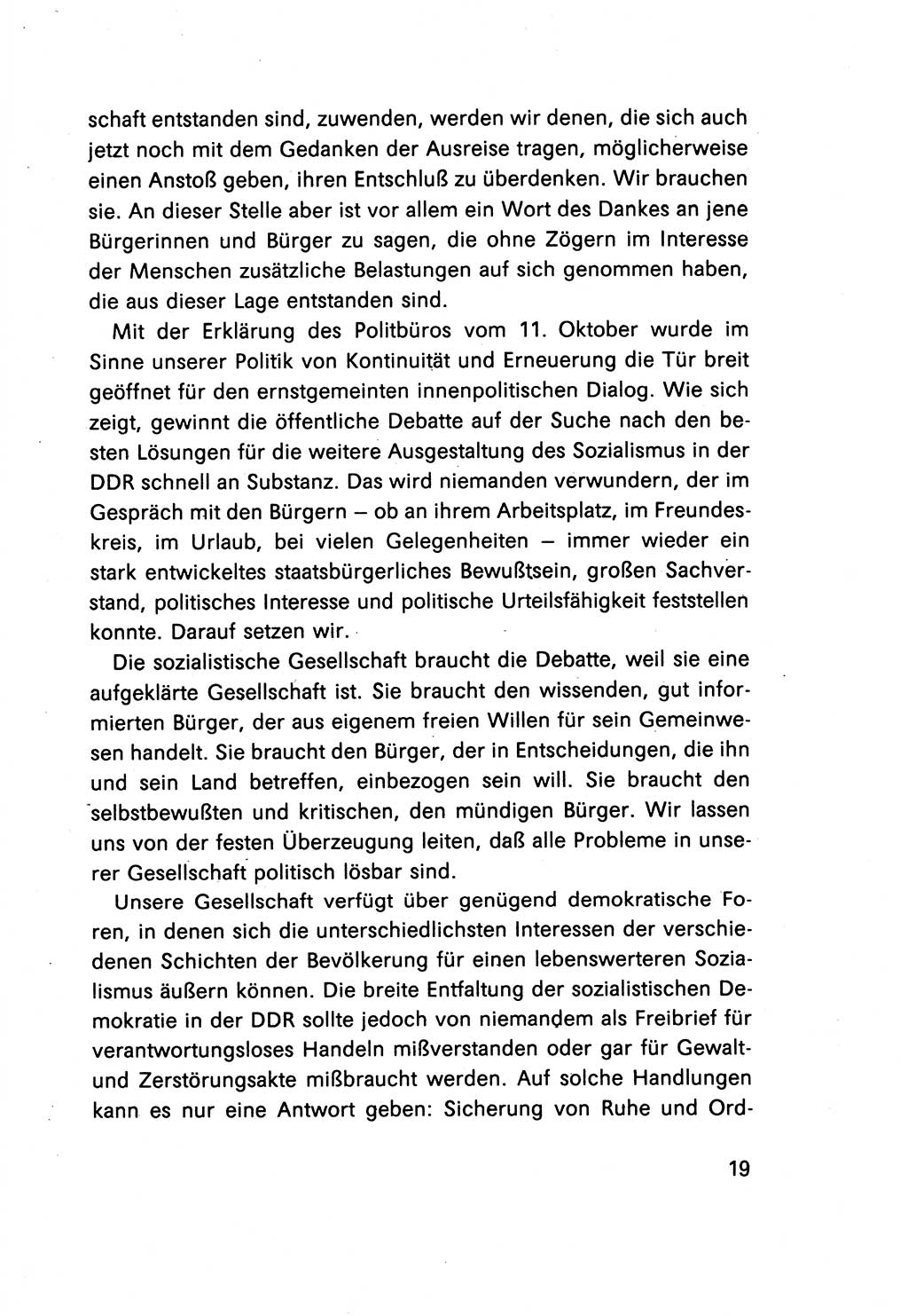 Erklärung des Politbüros des ZK (Zentralkomitee) der SED (Sozialistische Einheitspartei Deutschlands) [Deutsche Demokratische Republik (DDR)] 1989, Seite 19 (Erkl. PB ZK SED DDR 1989, S. 19)