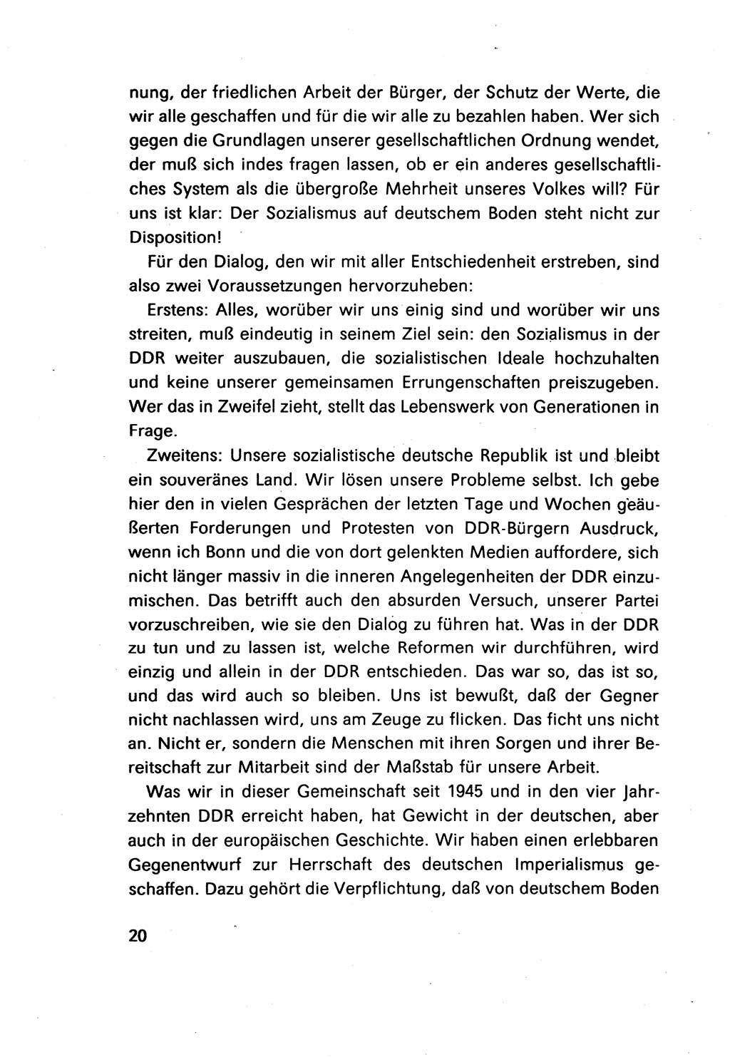 Erklärung des Politbüros des ZK (Zentralkomitee) der SED (Sozialistische Einheitspartei Deutschlands) [Deutsche Demokratische Republik (DDR)] 1989, Seite 20 (Erkl. PB ZK SED DDR 1989, S. 20)