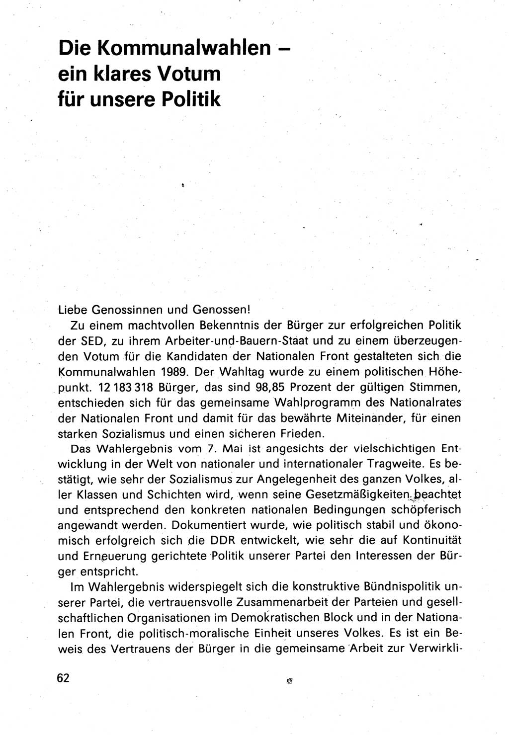 Bericht des Politbüros (PB) an das Zentralkomitee (ZK) der SED (Sozialistische Einheitspartei Deutschlands) [Deutsche Demokratische Republik (DDR)], 8. Tagung des Zentralkomitees des ZK der SED 1989, Seite 62 (Ber. PB ZK SED 8. Tg. DDR 1989, S. 62)