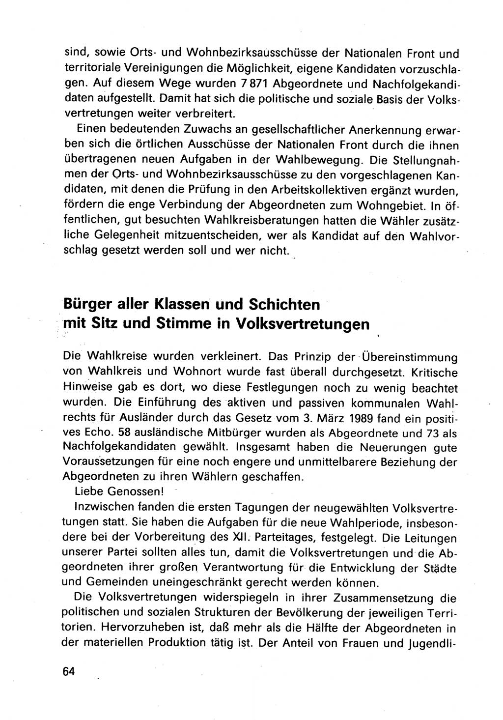 Bericht des Politbüros (PB) an das Zentralkomitee (ZK) der SED (Sozialistische Einheitspartei Deutschlands) [Deutsche Demokratische Republik (DDR)], 8. Tagung des Zentralkomitees des ZK der SED 1989, Seite 64 (Ber. PB ZK SED 8. Tg. DDR 1989, S. 64)