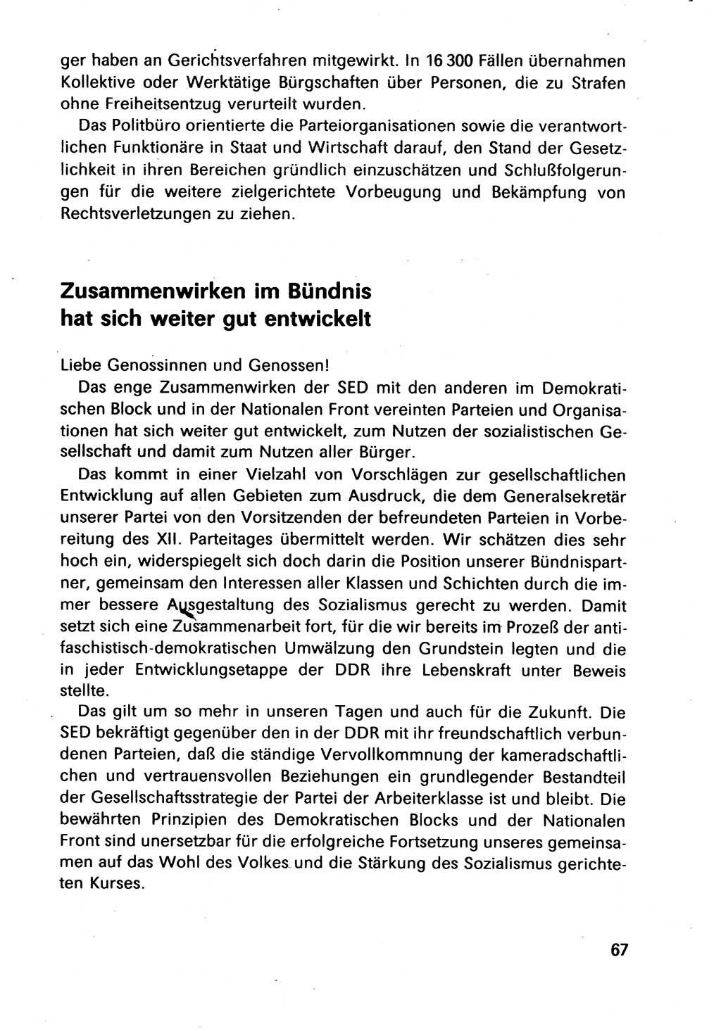 Bericht des Politbüros (PB) an das Zentralkomitee (ZK) der SED (Sozialistische Einheitspartei Deutschlands) [Deutsche Demokratische Republik (DDR)], 8. Tagung des Zentralkomitees des ZK der SED 1989, Seite 67 (Ber. PB ZK SED 8. Tg. DDR 1989, S. 67)