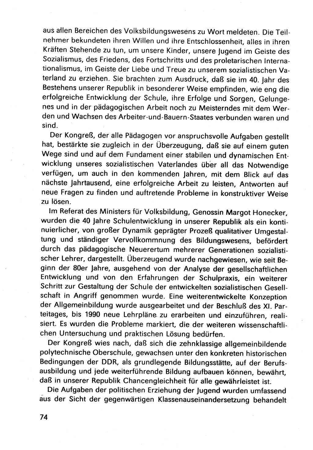 Bericht des Politbüros (PB) an das Zentralkomitee (ZK) der SED (Sozialistische Einheitspartei Deutschlands) [Deutsche Demokratische Republik (DDR)], 8. Tagung des Zentralkomitees des ZK der SED 1989, Seite 74 (Ber. PB ZK SED 8. Tg. DDR 1989, S. 74)
