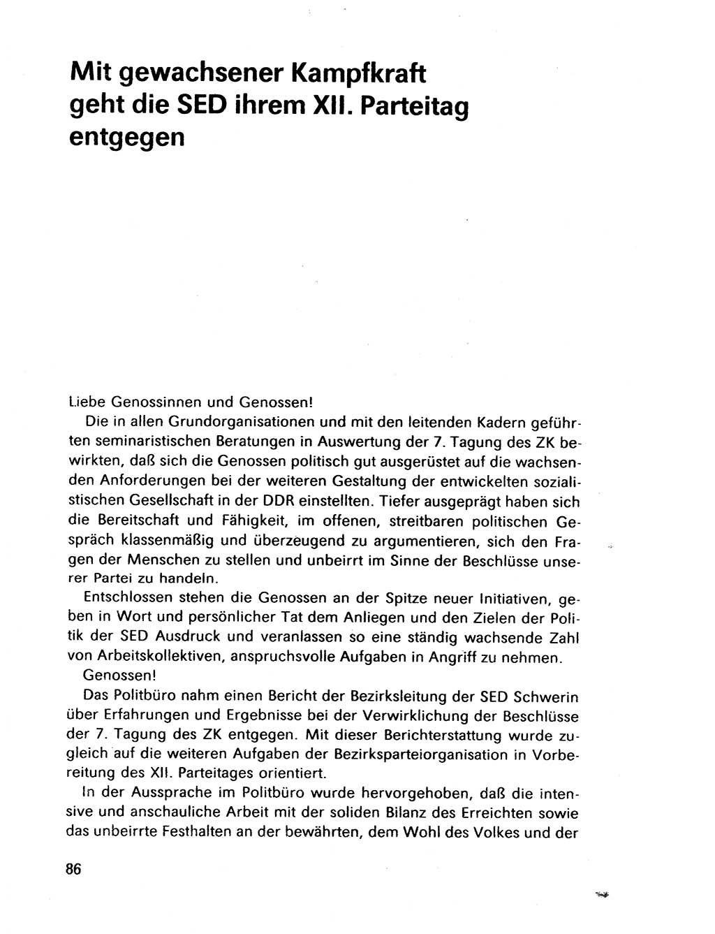 Bericht des Politbüros (PB) an das Zentralkomitee (ZK) der SED (Sozialistische Einheitspartei Deutschlands) [Deutsche Demokratische Republik (DDR)], 8. Tagung des Zentralkomitees des ZK der SED 1989, Seite 86 (Ber. PB ZK SED 8. Tg. DDR 1989, S. 86)