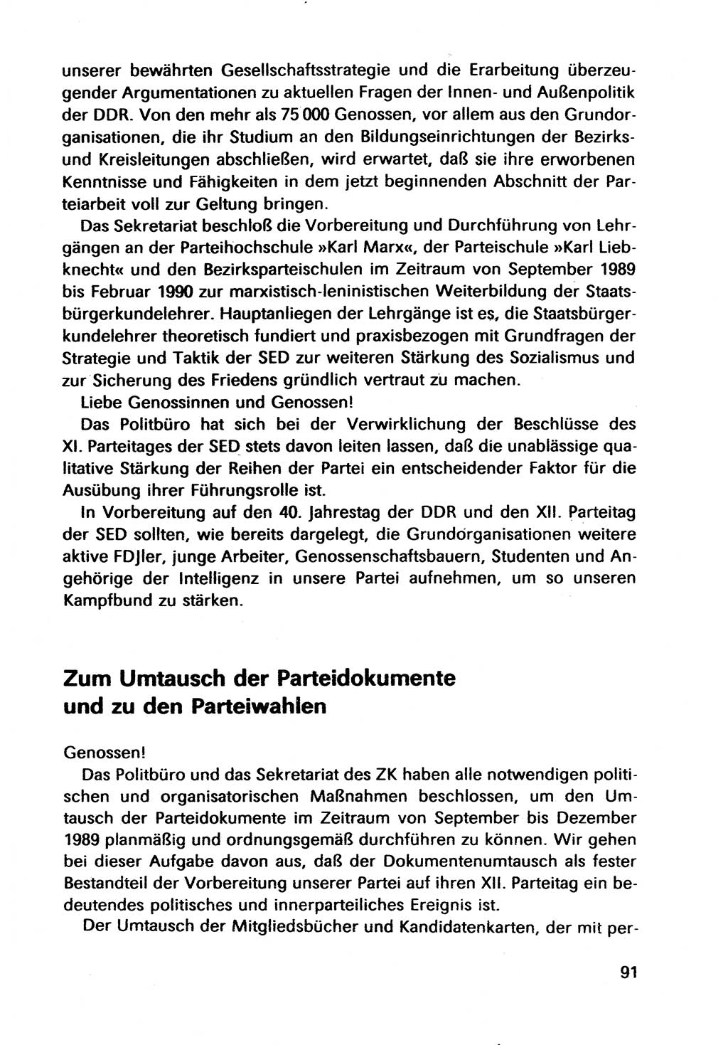 Bericht des Politbüros (PB) an das Zentralkomitee (ZK) der SED (Sozialistische Einheitspartei Deutschlands) [Deutsche Demokratische Republik (DDR)], 8. Tagung des Zentralkomitees des ZK der SED 1989, Seite 91 (Ber. PB ZK SED 8. Tg. DDR 1989, S. 91)