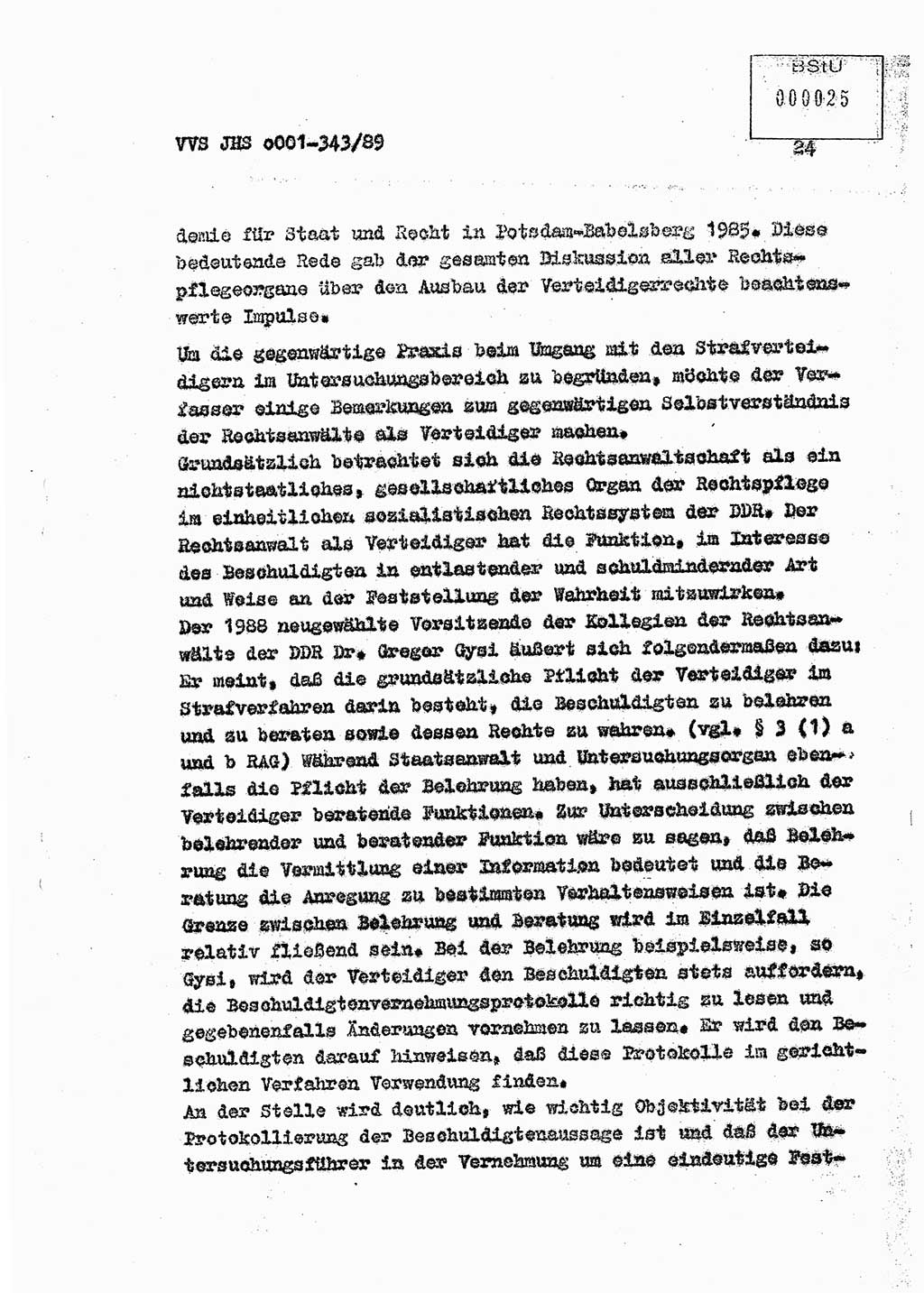 Diplomarbeit Offiziersschüler Axel Henschke (HA Ⅸ/9), Ministerium für Staatssicherheit (MfS) [Deutsche Demokratische Republik (DDR)], Juristische Hochschule (JHS), Vertrauliche Verschlußsache (VVS) o001-343/89, Potsdam 1989, Seite 24 (Dipl.-Arb. MfS DDR JHS VVS o001-343/89 1989, S. 24)