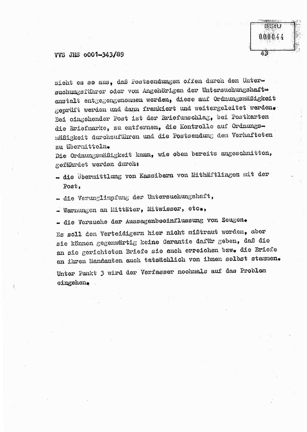 Diplomarbeit Offiziersschüler Axel Henschke (HA Ⅸ/9), Ministerium für Staatssicherheit (MfS) [Deutsche Demokratische Republik (DDR)], Juristische Hochschule (JHS), Vertrauliche Verschlußsache (VVS) o001-343/89, Potsdam 1989, Seite 43 (Dipl.-Arb. MfS DDR JHS VVS o001-343/89 1989, S. 43)