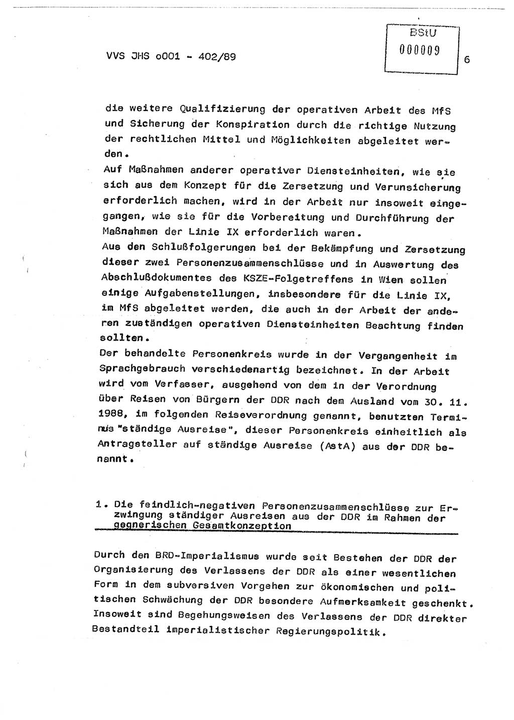 Diplomarbeit Major Günter Müller (HA Ⅸ/9), Ministerium für Staatssicherheit (MfS) [Deutsche Demokratische Republik (DDR)], Juristische Hochschule (JHS), Vertrauliche Verschlußsache (VVS) o001-402/89, Potsdam 1989, Seite 6 (Dipl.-Arb. MfS DDR JHS VVS o001-402/89 1989, S. 6)