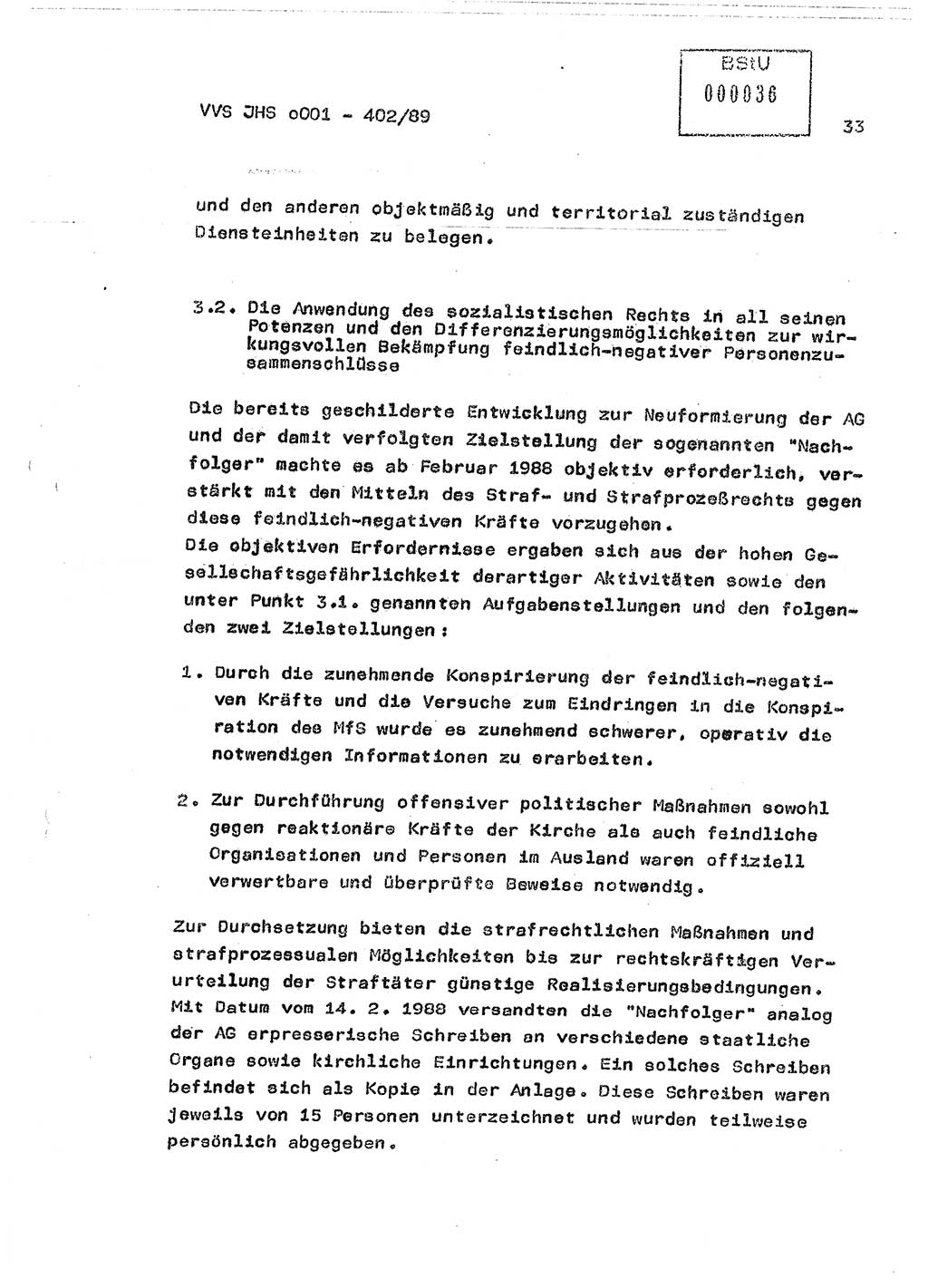 Diplomarbeit Major Günter Müller (HA Ⅸ/9), Ministerium für Staatssicherheit (MfS) [Deutsche Demokratische Republik (DDR)], Juristische Hochschule (JHS), Vertrauliche Verschlußsache (VVS) o001-402/89, Potsdam 1989, Seite 33 (Dipl.-Arb. MfS DDR JHS VVS o001-402/89 1989, S. 33)