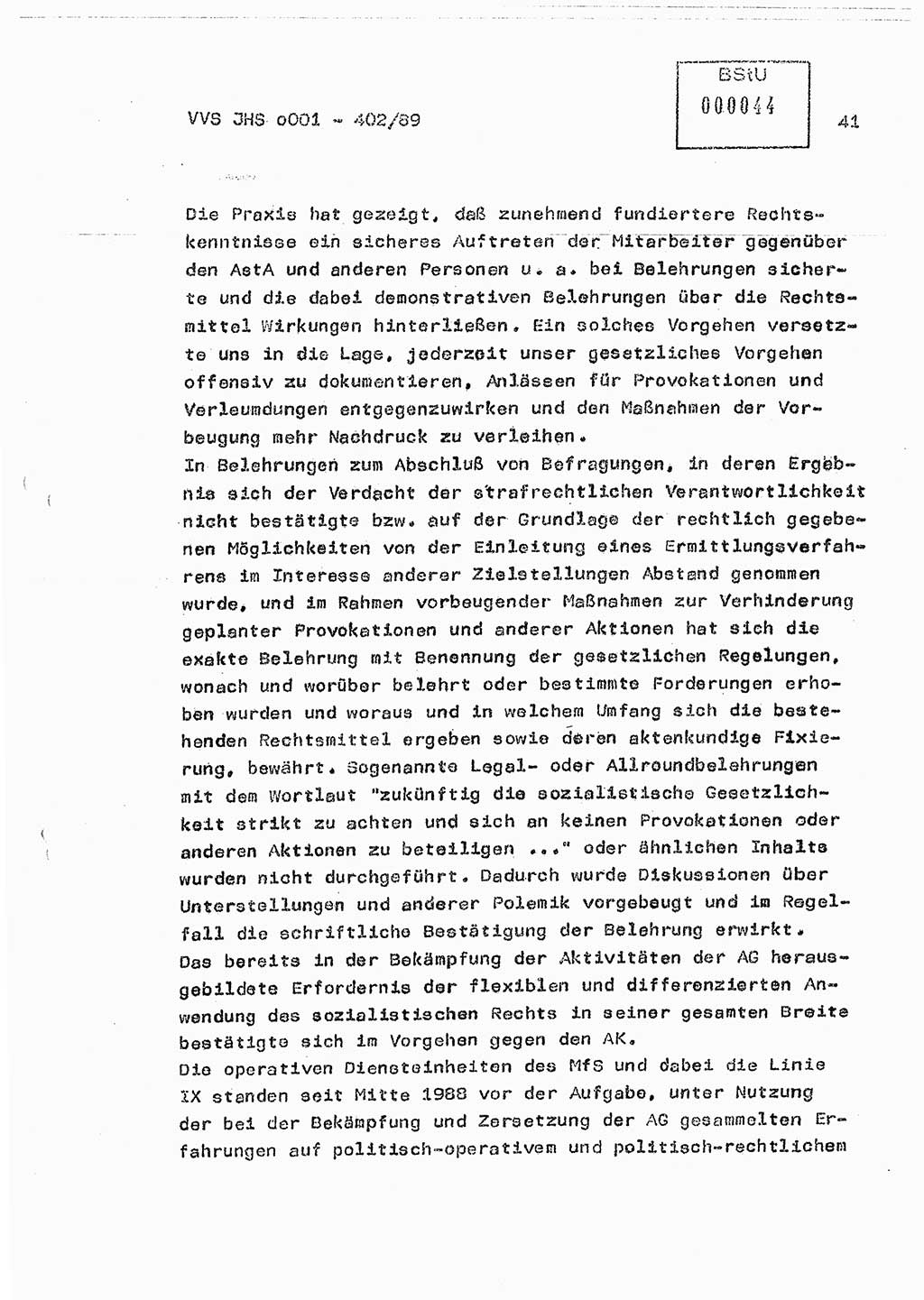 Diplomarbeit Major Günter Müller (HA Ⅸ/9), Ministerium für Staatssicherheit (MfS) [Deutsche Demokratische Republik (DDR)], Juristische Hochschule (JHS), Vertrauliche Verschlußsache (VVS) o001-402/89, Potsdam 1989, Seite 41 (Dipl.-Arb. MfS DDR JHS VVS o001-402/89 1989, S. 41)