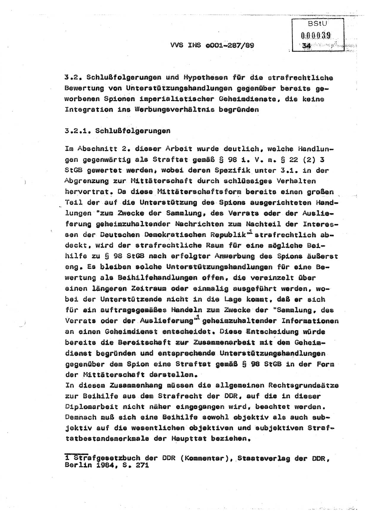 Diplomarbeit, Offiziersschüler Harald Wabst (HA Ⅸ/1), Ministerium für Staatssicherheit (MfS) [Deutsche Demokratische Republik (DDR)], Juristische Hochschule (JHS), Vertrauliche Verschlußsache (VVS) o001-287/89, Potsdam 1989, Seite 34 (Dipl.-Arb. MfS DDR JHS VVS o001-287/89 1989, S. 34)