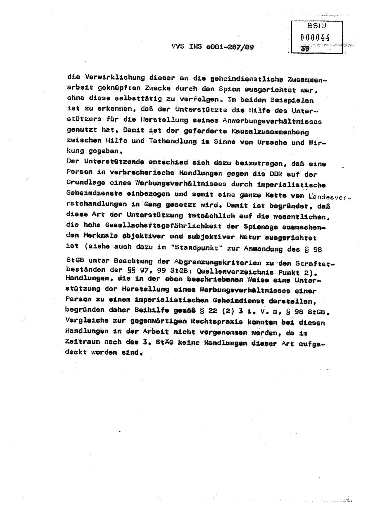 Diplomarbeit, Offiziersschüler Harald Wabst (HA Ⅸ/1), Ministerium für Staatssicherheit (MfS) [Deutsche Demokratische Republik (DDR)], Juristische Hochschule (JHS), Vertrauliche Verschlußsache (VVS) o001-287/89, Potsdam 1989, Seite 39 (Dipl.-Arb. MfS DDR JHS VVS o001-287/89 1989, S. 39)