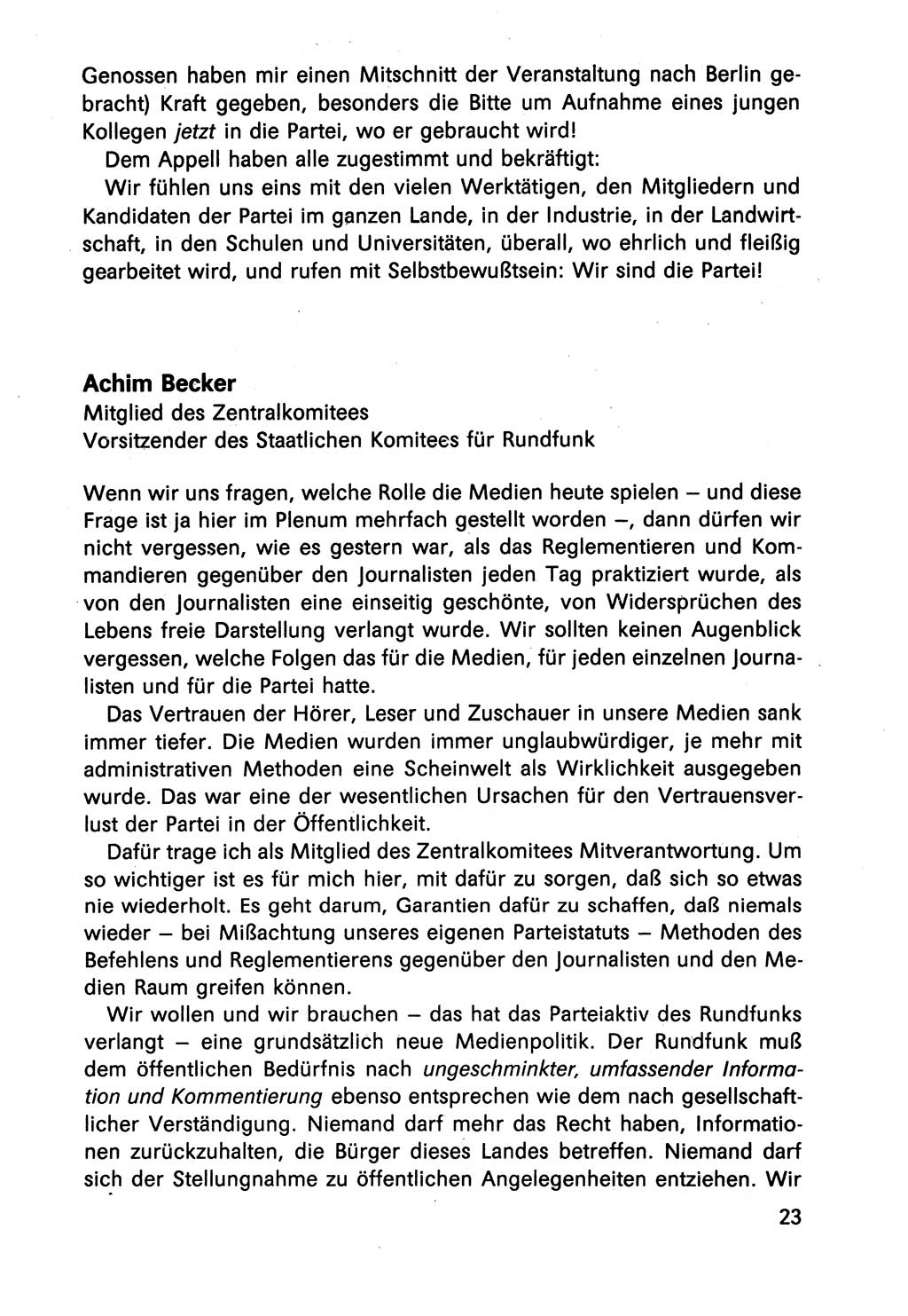 Diskussionsbeiträge, 10. Tagung des ZK (Zentralkomitee) der SED (Sozialistische Einheitspartei Deutschlands) [Deutsche Demokratische Republik (DDR)] 1989, Seite 23 (Disk.-Beitr. 10. Tg. ZK SED DDR 1989, S. 23)