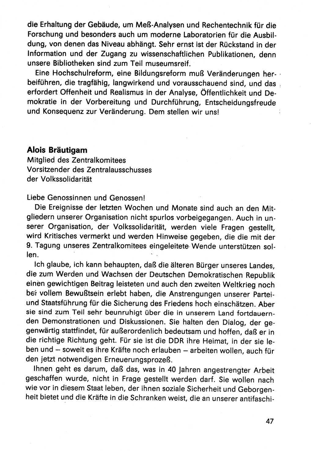 Diskussionsbeiträge, 10. Tagung des ZK (Zentralkomitee) der SED (Sozialistische Einheitspartei Deutschlands) [Deutsche Demokratische Republik (DDR)] 1989, Seite 47 (Disk.-Beitr. 10. Tg. ZK SED DDR 1989, S. 47)