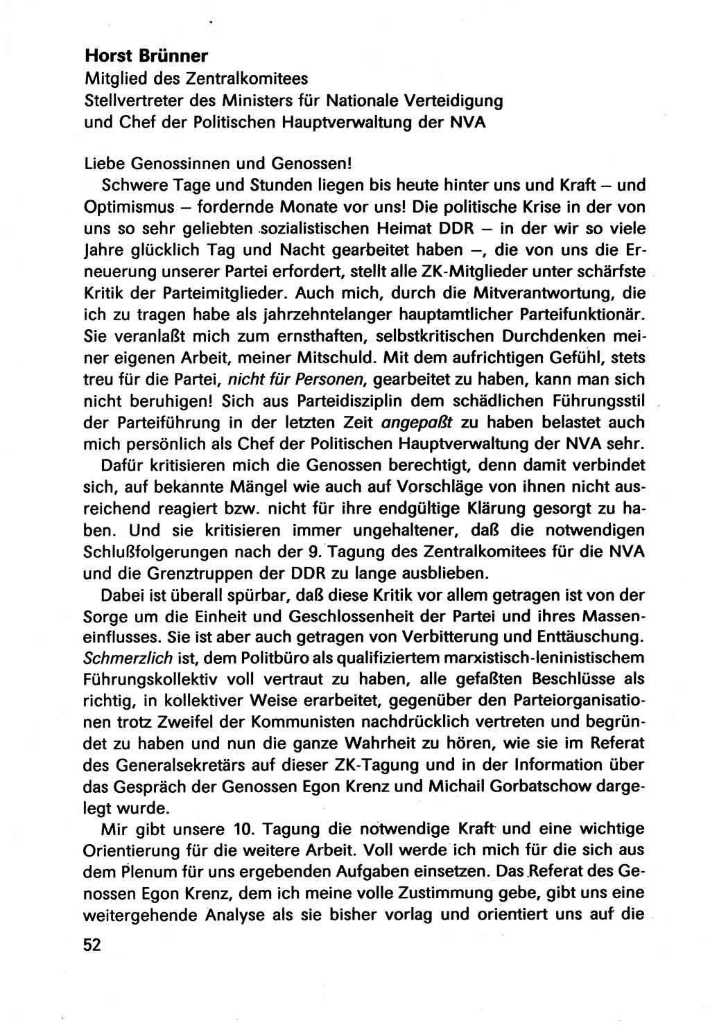 Diskussionsbeiträge, 10. Tagung des ZK (Zentralkomitee) der SED (Sozialistische Einheitspartei Deutschlands) [Deutsche Demokratische Republik (DDR)] 1989, Seite 52 (Disk.-Beitr. 10. Tg. ZK SED DDR 1989, S. 52)