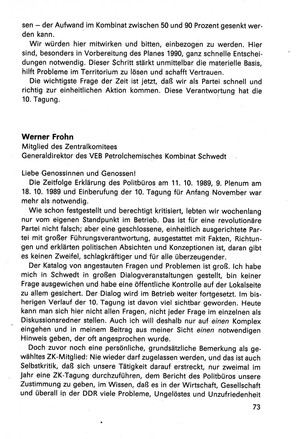 Diskussionsbeiträge, 10. Tagung des ZK (Zentralkomitee) der SED (Sozialistische Einheitspartei Deutschlands) [Deutsche Demokratische Republik (DDR)] 1989, Seite 73 (Disk.-Beitr. 10. Tg. ZK SED DDR 1989, S. 73)