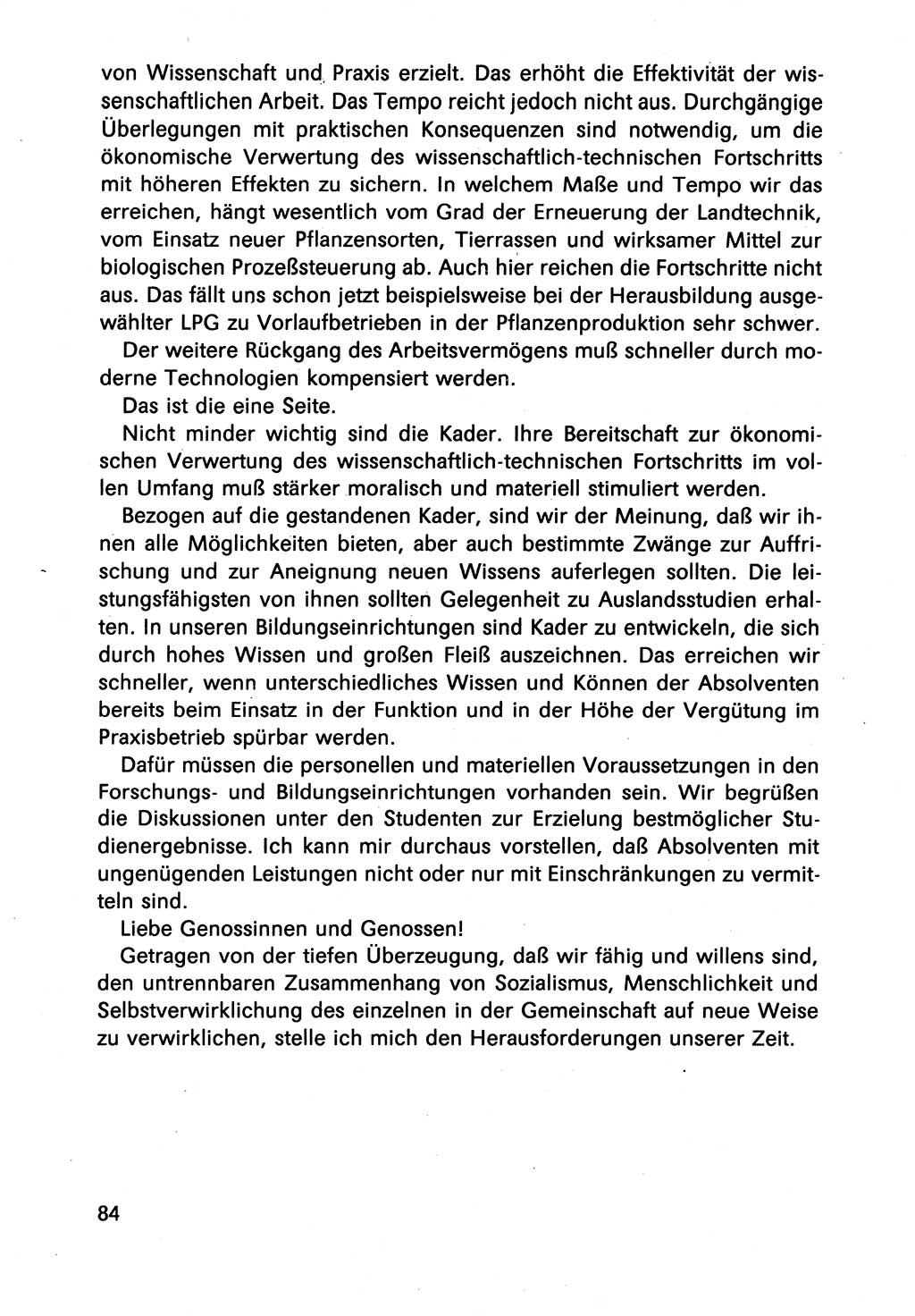 Diskussionsbeiträge, 10. Tagung des ZK (Zentralkomitee) der SED (Sozialistische Einheitspartei Deutschlands) [Deutsche Demokratische Republik (DDR)] 1989, Seite 84 (Disk.-Beitr. 10. Tg. ZK SED DDR 1989, S. 84)