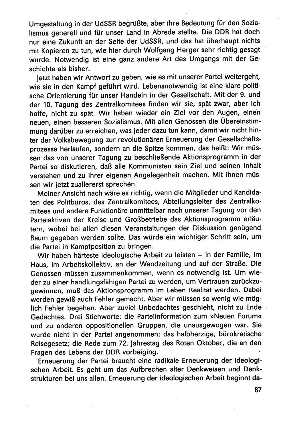 Diskussionsbeiträge, 10. Tagung des ZK (Zentralkomitee) der SED (Sozialistische Einheitspartei Deutschlands) [Deutsche Demokratische Republik (DDR)] 1989, Seite 87 (Disk.-Beitr. 10. Tg. ZK SED DDR 1989, S. 87)