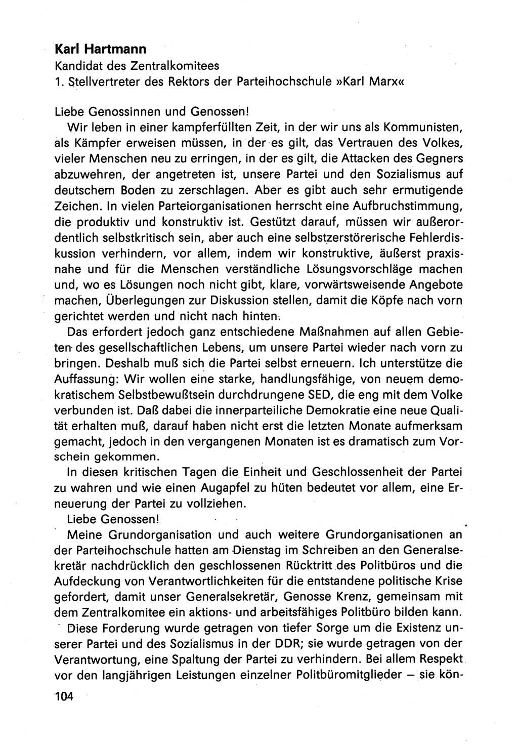 Diskussionsbeiträge, 10. Tagung des ZK (Zentralkomitee) der SED (Sozialistische Einheitspartei Deutschlands) [Deutsche Demokratische Republik (DDR)] 1989, Seite 104 (Disk.-Beitr. 10. Tg. ZK SED DDR 1989, S. 104)