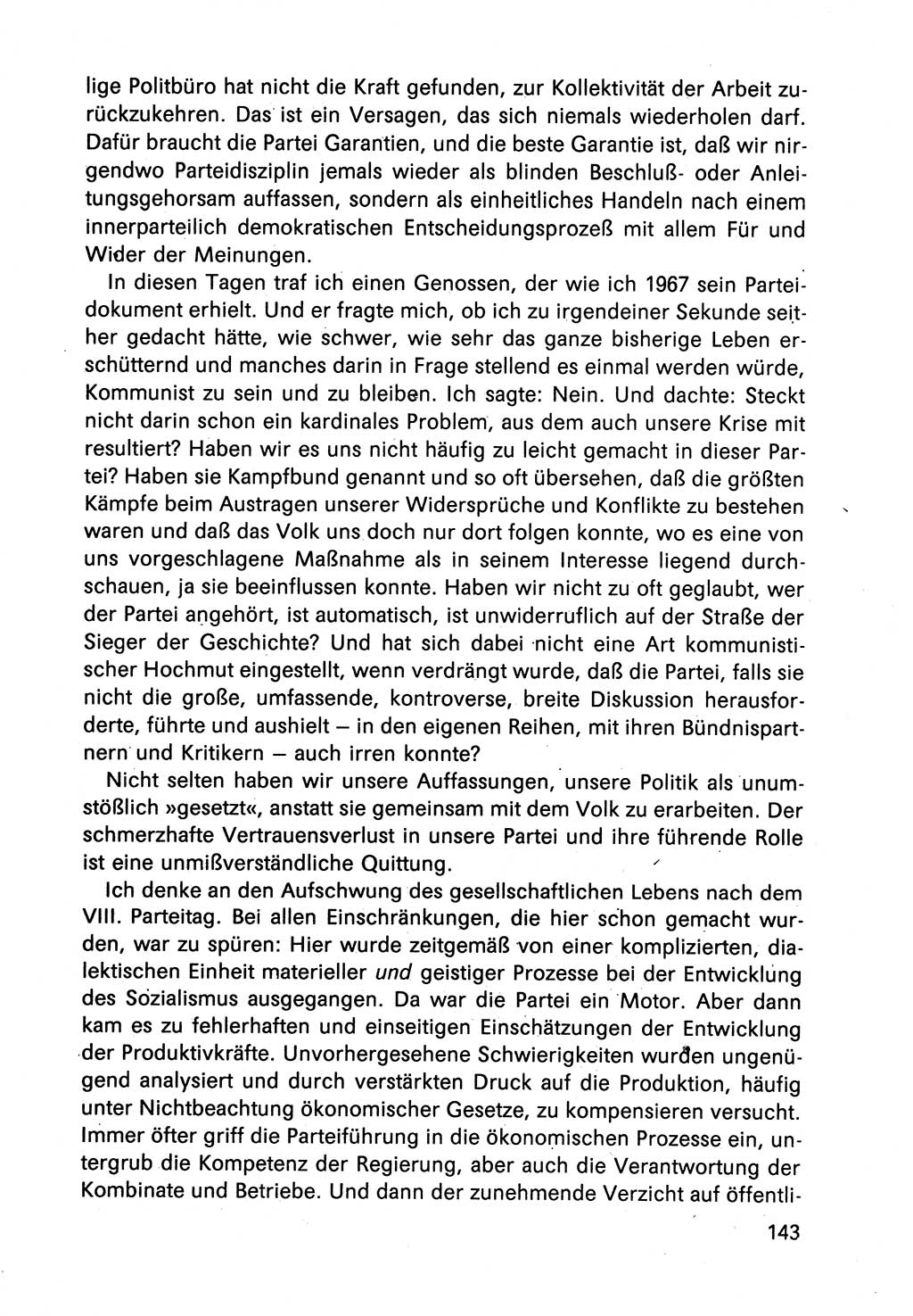 Diskussionsbeiträge, 10. Tagung des ZK (Zentralkomitee) der SED (Sozialistische Einheitspartei Deutschlands) [Deutsche Demokratische Republik (DDR)] 1989, Seite 143 (Disk.-Beitr. 10. Tg. ZK SED DDR 1989, S. 143)