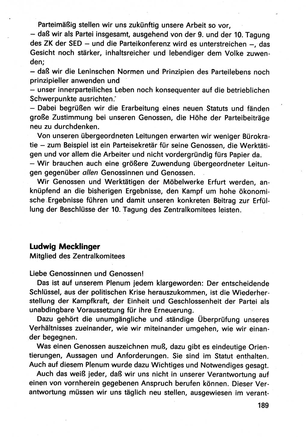 Diskussionsbeiträge, 10. Tagung des ZK (Zentralkomitee) der SED (Sozialistische Einheitspartei Deutschlands) [Deutsche Demokratische Republik (DDR)] 1989, Seite 189 (Disk.-Beitr. 10. Tg. ZK SED DDR 1989, S. 189)