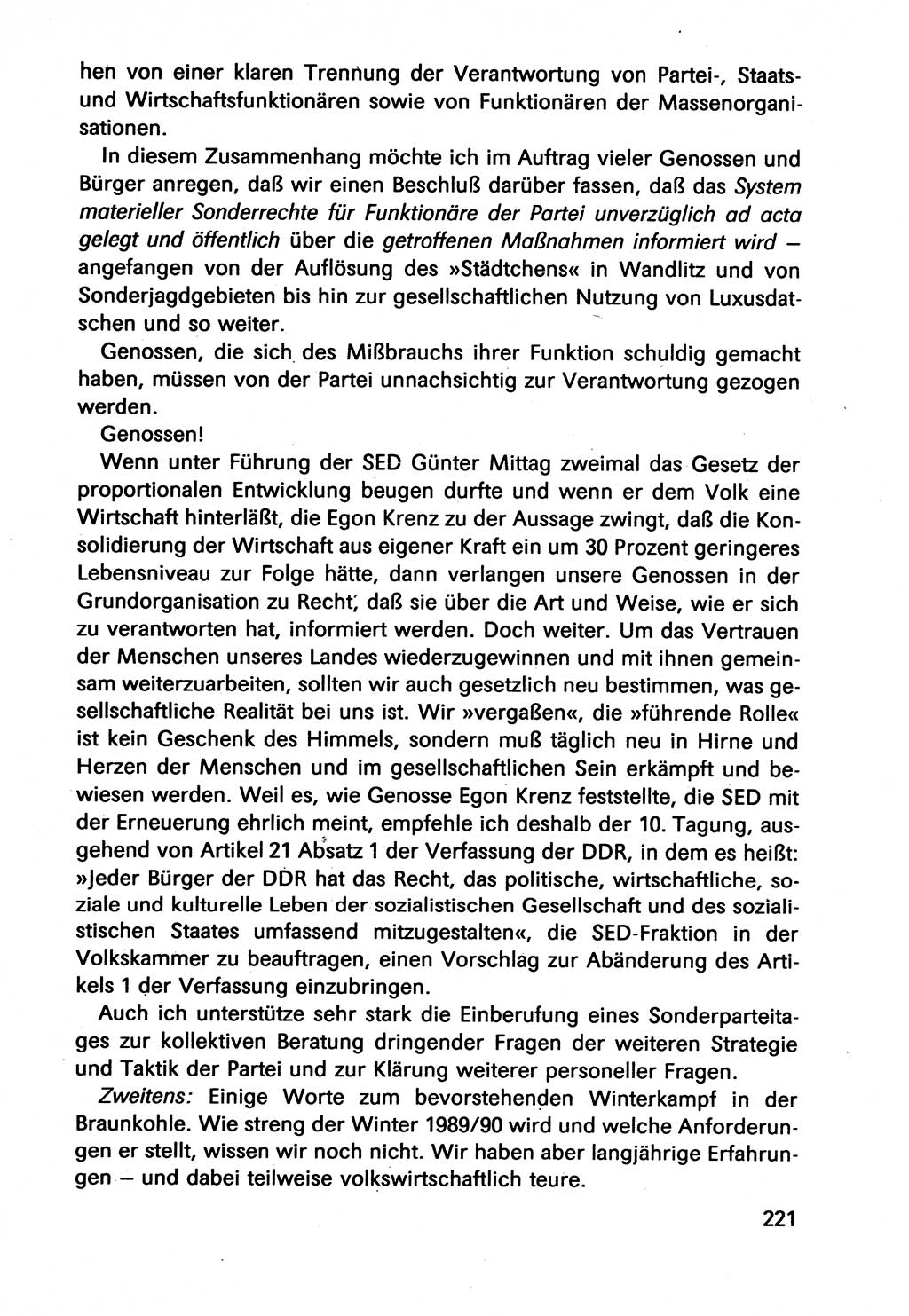 Diskussionsbeiträge, 10. Tagung des ZK (Zentralkomitee) der SED (Sozialistische Einheitspartei Deutschlands) [Deutsche Demokratische Republik (DDR)] 1989, Seite 221 (Disk.-Beitr. 10. Tg. ZK SED DDR 1989, S. 221)