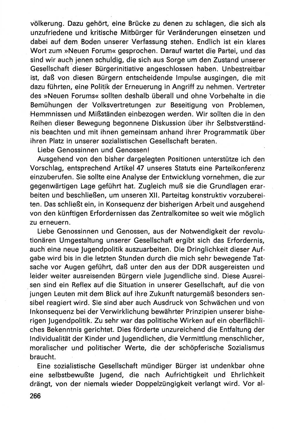 Diskussionsbeiträge, 10. Tagung des ZK (Zentralkomitee) der SED (Sozialistische Einheitspartei Deutschlands) [Deutsche Demokratische Republik (DDR)] 1989, Seite 266 (Disk.-Beitr. 10. Tg. ZK SED DDR 1989, S. 266)