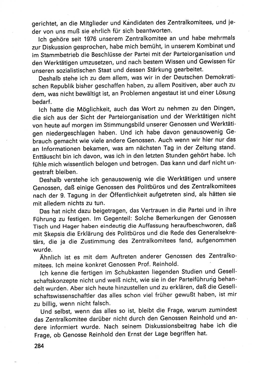 Diskussionsbeiträge, 10. Tagung des ZK (Zentralkomitee) der SED (Sozialistische Einheitspartei Deutschlands) [Deutsche Demokratische Republik (DDR)] 1989, Seite 284 (Disk.-Beitr. 10. Tg. ZK SED DDR 1989, S. 284)