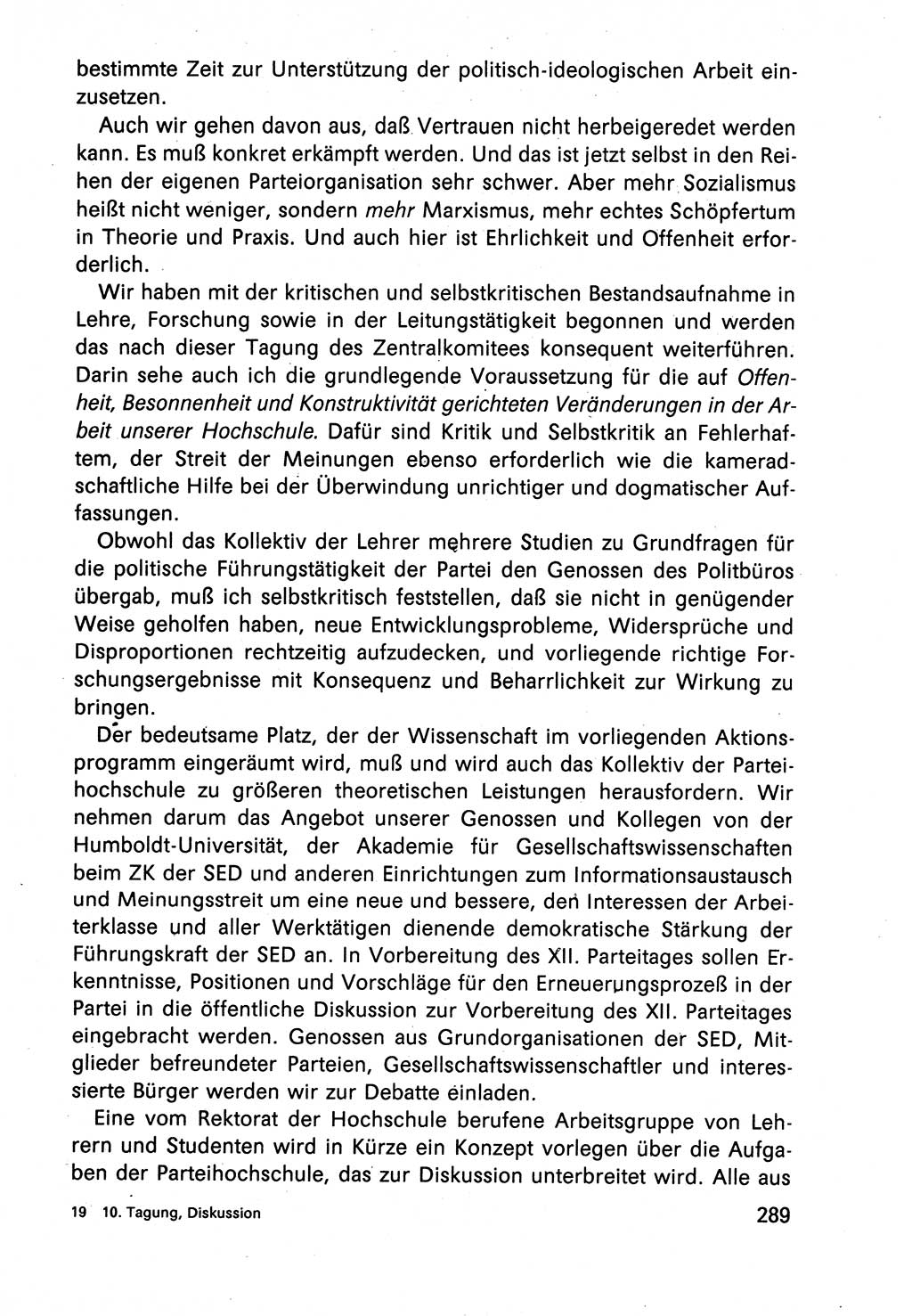 Diskussionsbeiträge, 10. Tagung des ZK (Zentralkomitee) der SED (Sozialistische Einheitspartei Deutschlands) [Deutsche Demokratische Republik (DDR)] 1989, Seite 289 (Disk.-Beitr. 10. Tg. ZK SED DDR 1989, S. 289)