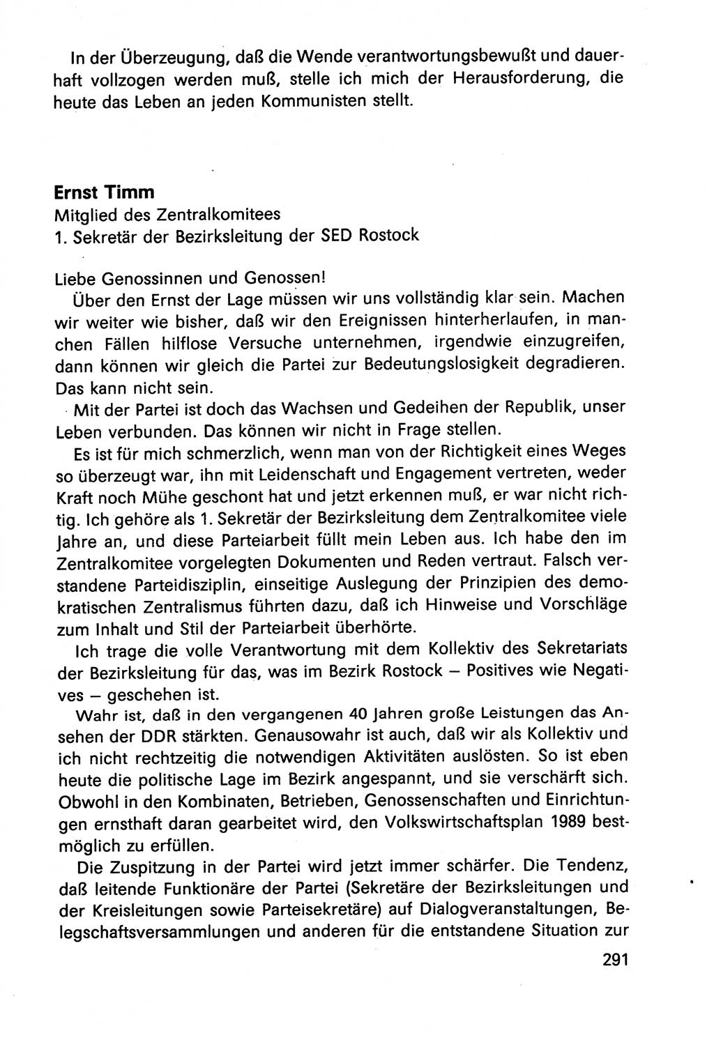 Diskussionsbeiträge, 10. Tagung des ZK (Zentralkomitee) der SED (Sozialistische Einheitspartei Deutschlands) [Deutsche Demokratische Republik (DDR)] 1989, Seite 291 (Disk.-Beitr. 10. Tg. ZK SED DDR 1989, S. 291)