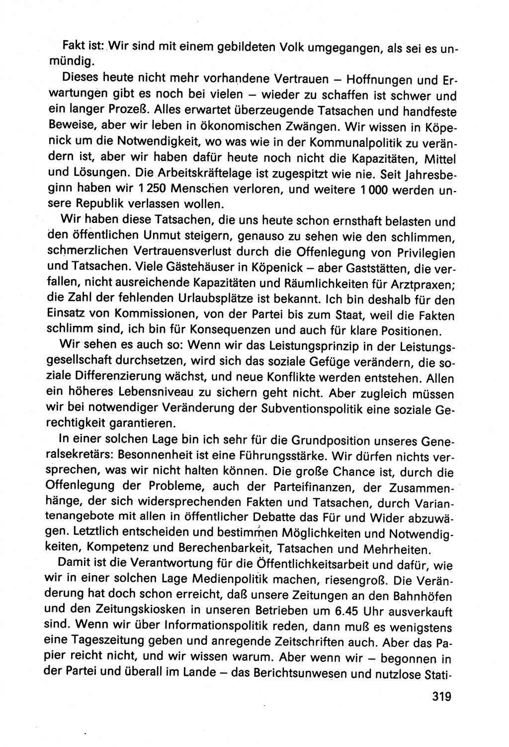 Diskussionsbeiträge, 10. Tagung des ZK (Zentralkomitee) der SED (Sozialistische Einheitspartei Deutschlands) [Deutsche Demokratische Republik (DDR)] 1989, Seite 319 (Disk.-Beitr. 10. Tg. ZK SED DDR 1989, S. 319)